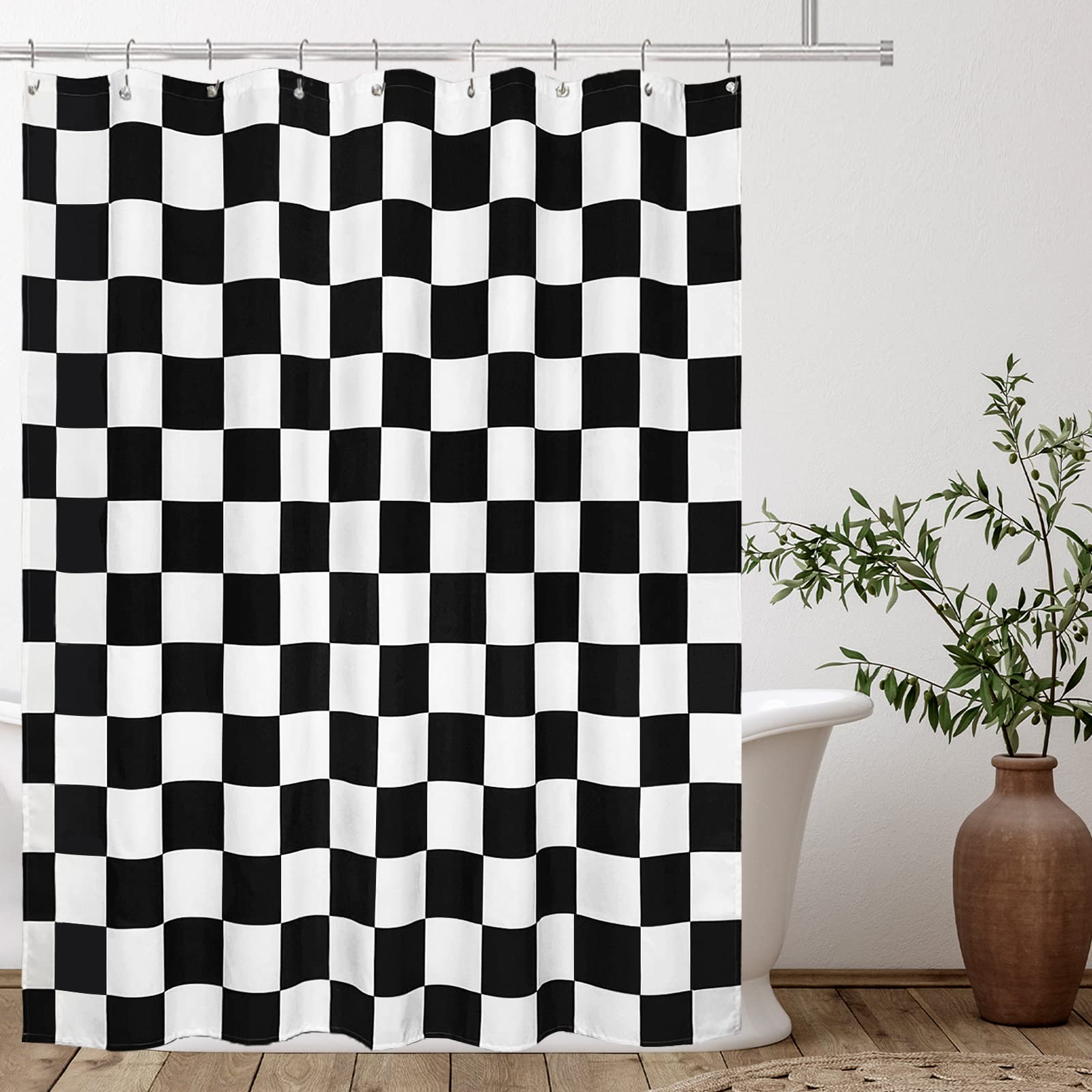 Tititex Aesthetic Checkerboard Grid Pattern Shower Curtain, White Black Modern Shower Curtain Sets Decoration 71X71 Inch With Ho