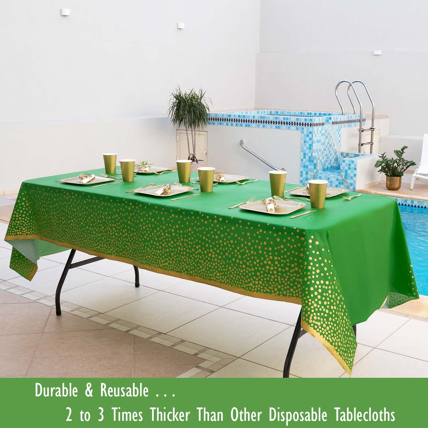 Zuladise 2 Pack Green Plastic Tablecloth Green And Gold Table Cloths For Parties Disposable Table Cover Party Decorations For Bi