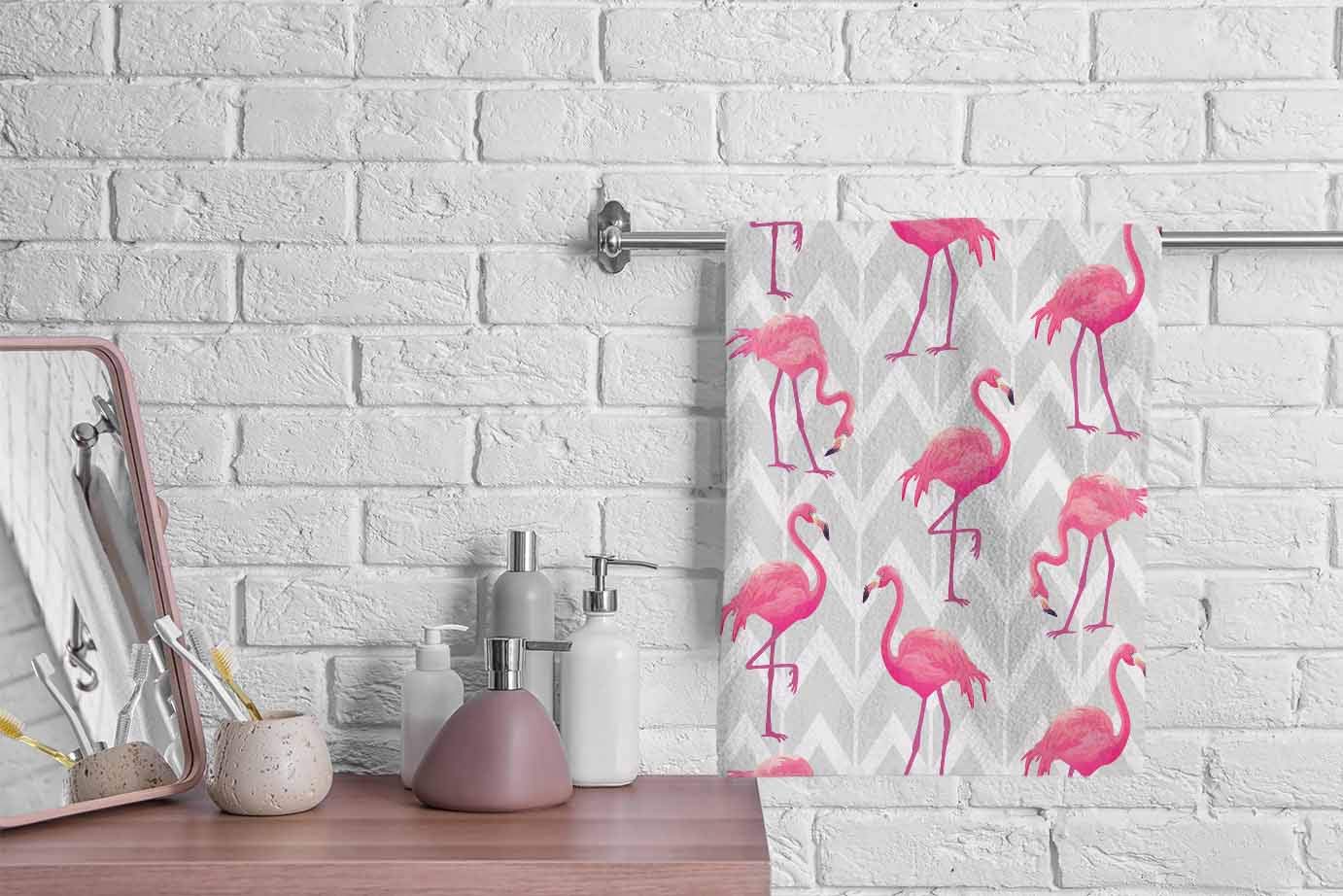 Ofloral Flamingo Hand Towels Cotton Washcloths,Tropical Chevron Pattern With Pink Flamingos Comfortable Super-Absorbent Soft Tow