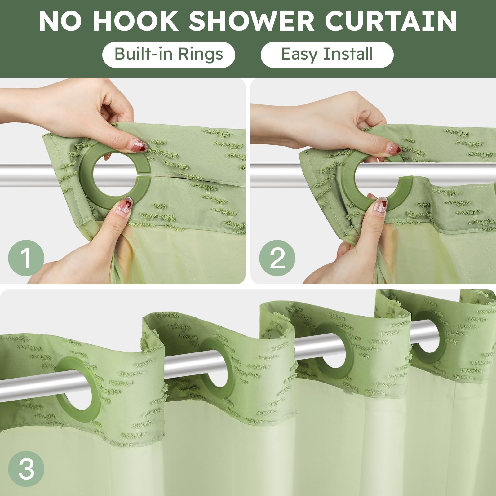 Fadoty No Hook Shower Curtain And Snap In Liner Set Sage Green Tufted Chevron Striped Cloth Waterproof Washable Fabric Boho Bath