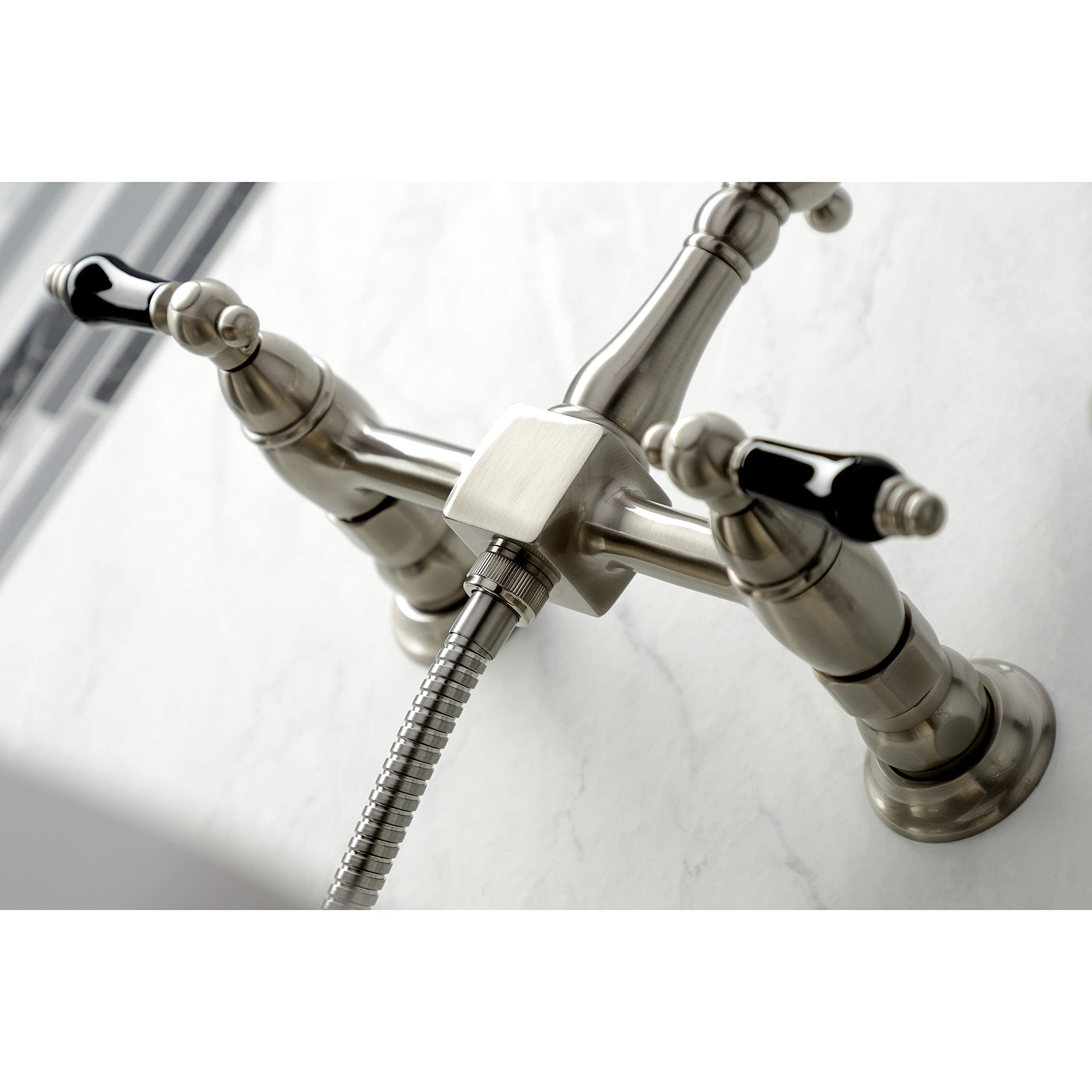 Kingston Brass KS1268PKLBS Duchess Wall Mount Bridge Kitchen Faucet with Brass Sprayer  Brushed Nickel