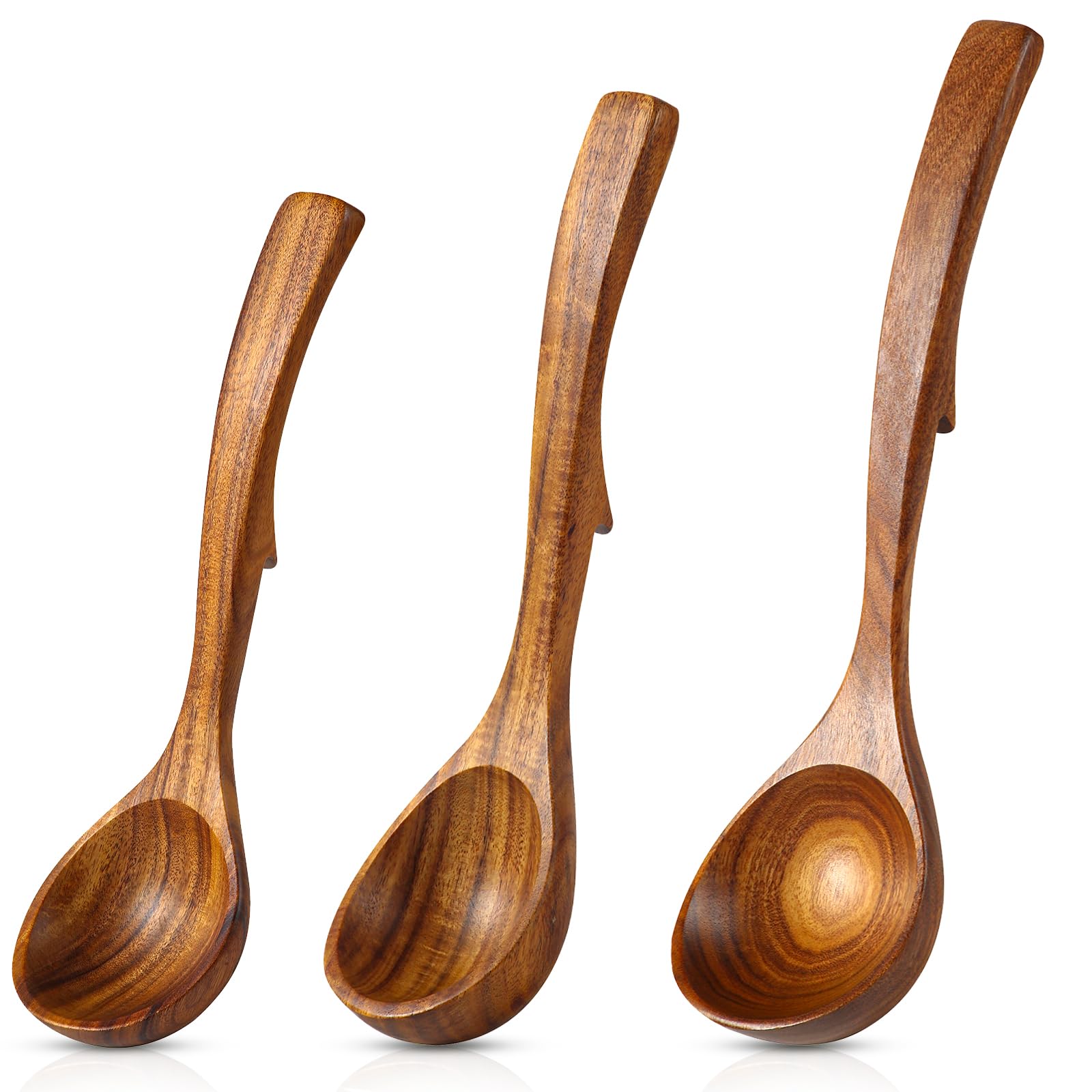 NAYAHOSE Wooden Ladle for Soup, 3Piece Teak Wood Spoons with Back Hooks