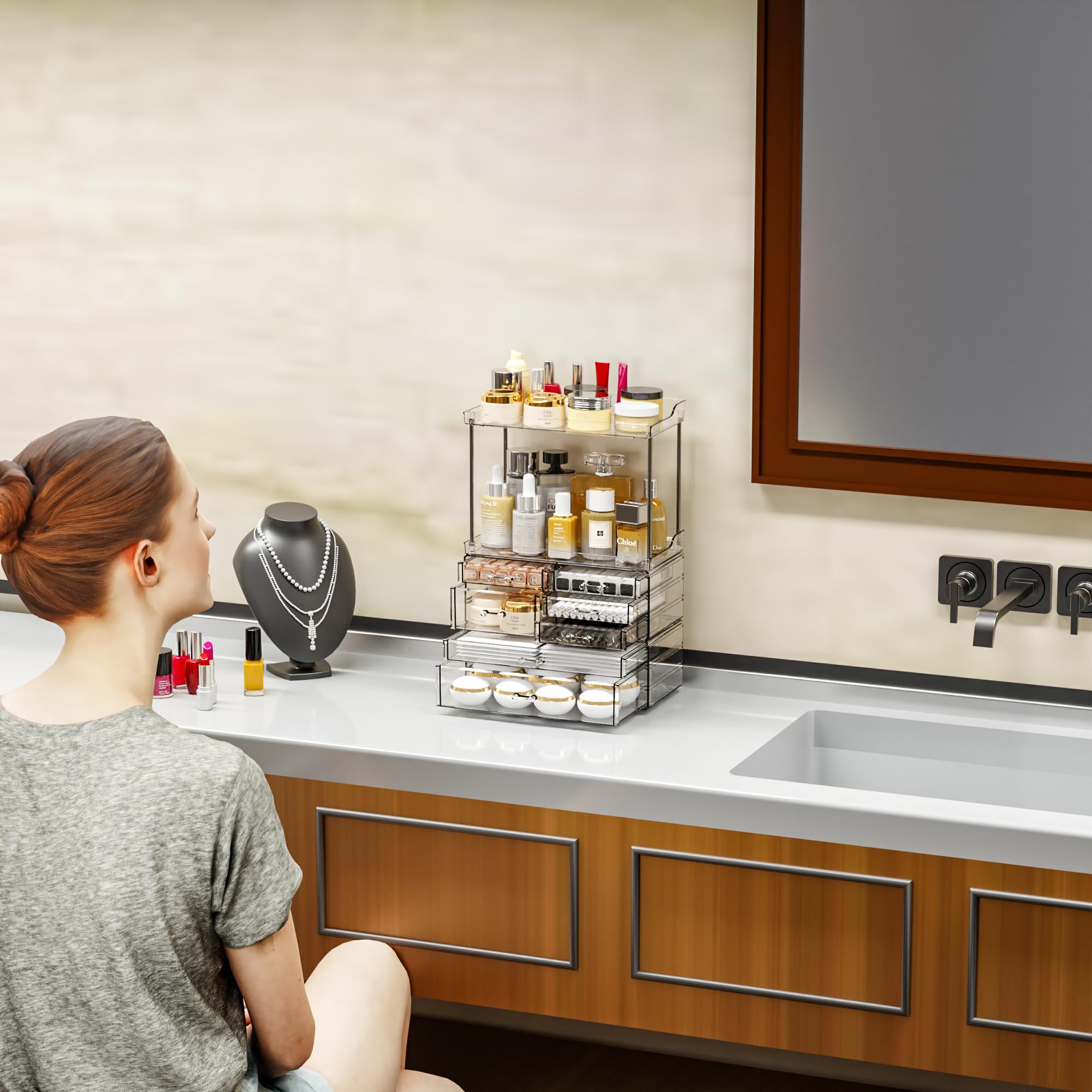 3 Pack Bathroom Organizers And Storage Countertop With 7 Drawers,Stackable Vanity Top Organizer,18.9'' Tall Large Capacity Skin