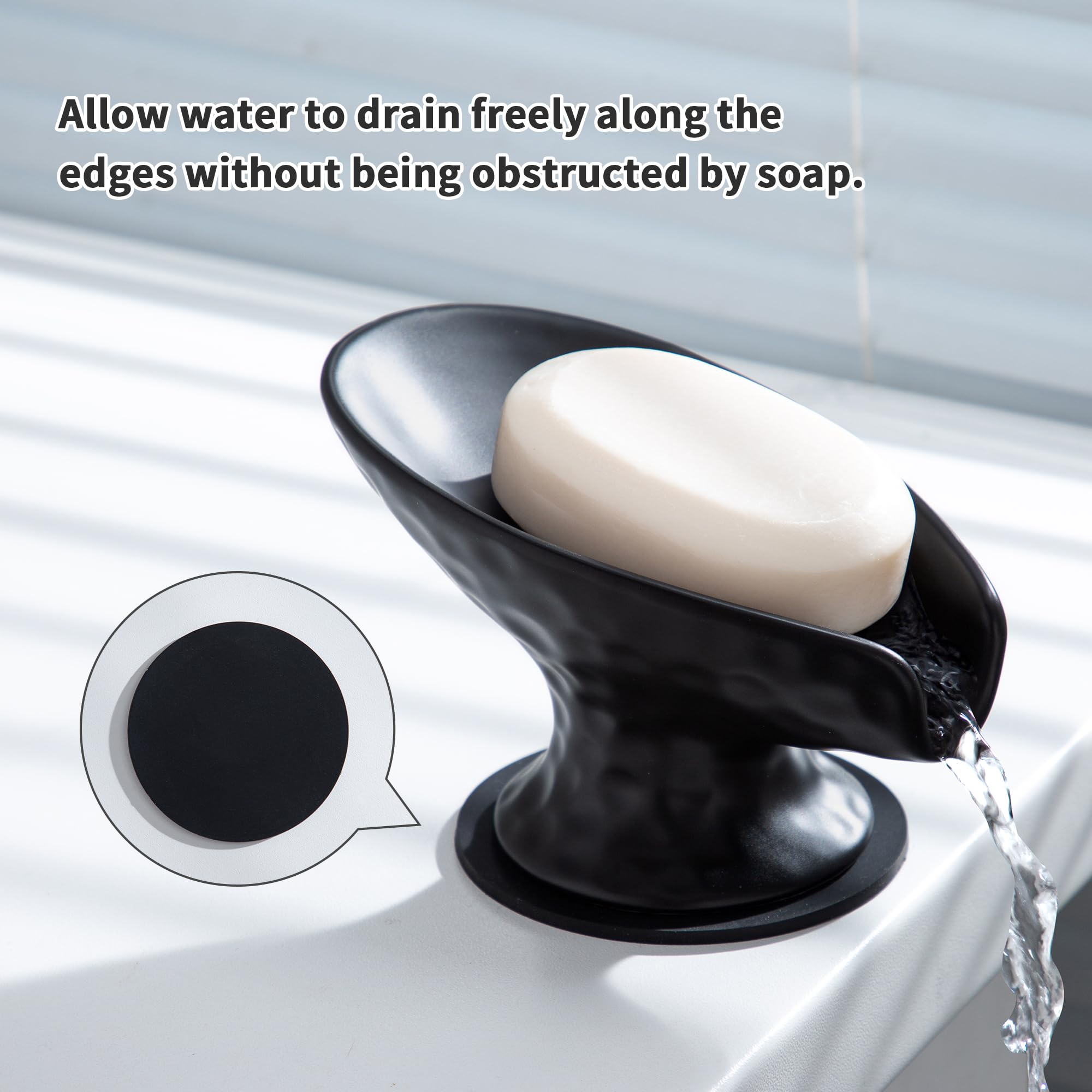 Self Draining Soap Dish,Shower Soap Holder,Black Ceramic Soap Dishes For Bathroom Kitchen Shower Keeps Soap Dry, Easy To Clean(M