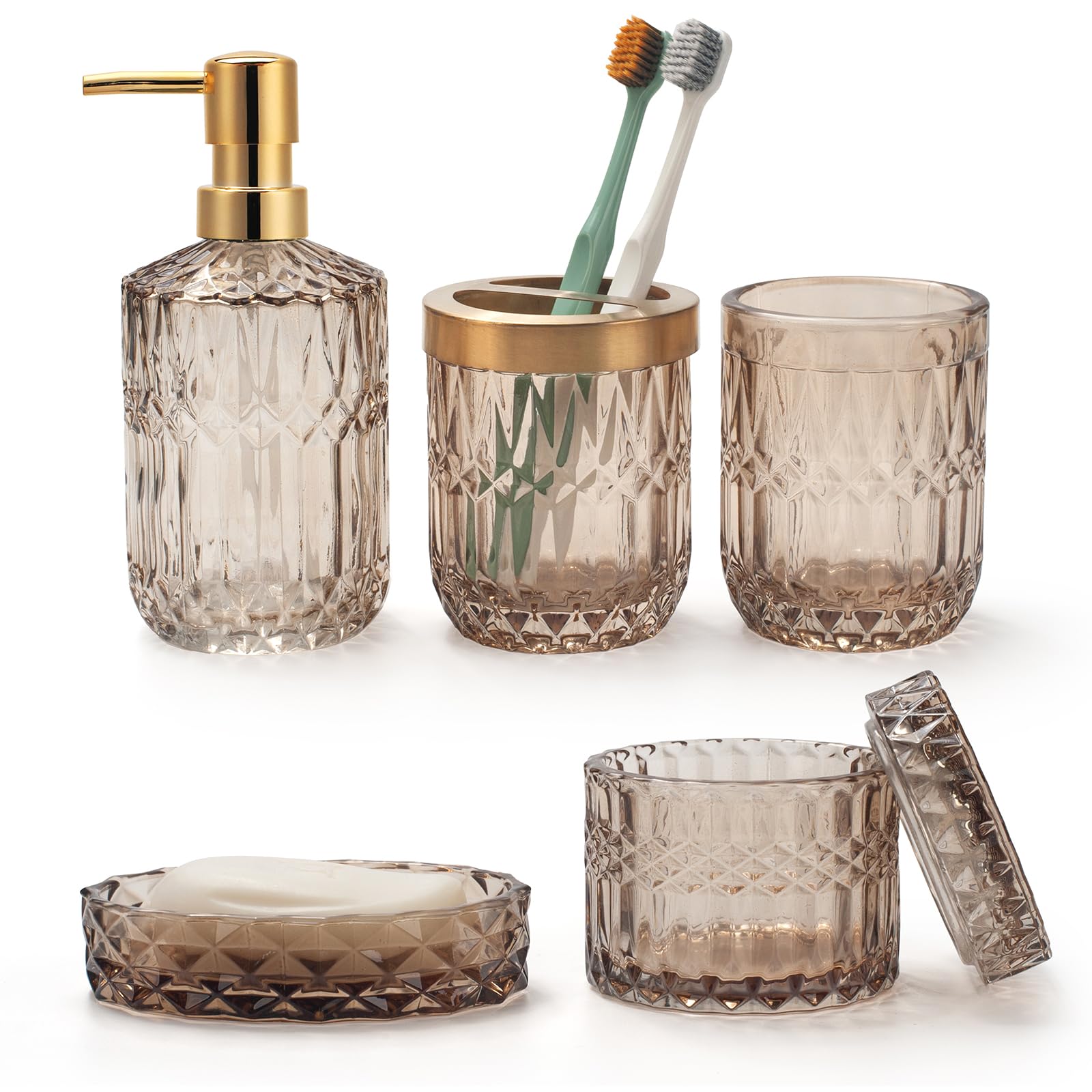 Ivailex 5Pcs Amber Brown Glass Bathroom Accessories Sets Of Lotion Dispenser, Soap Dish, Toothbrush Holder, Tumbler, Cotton Swab