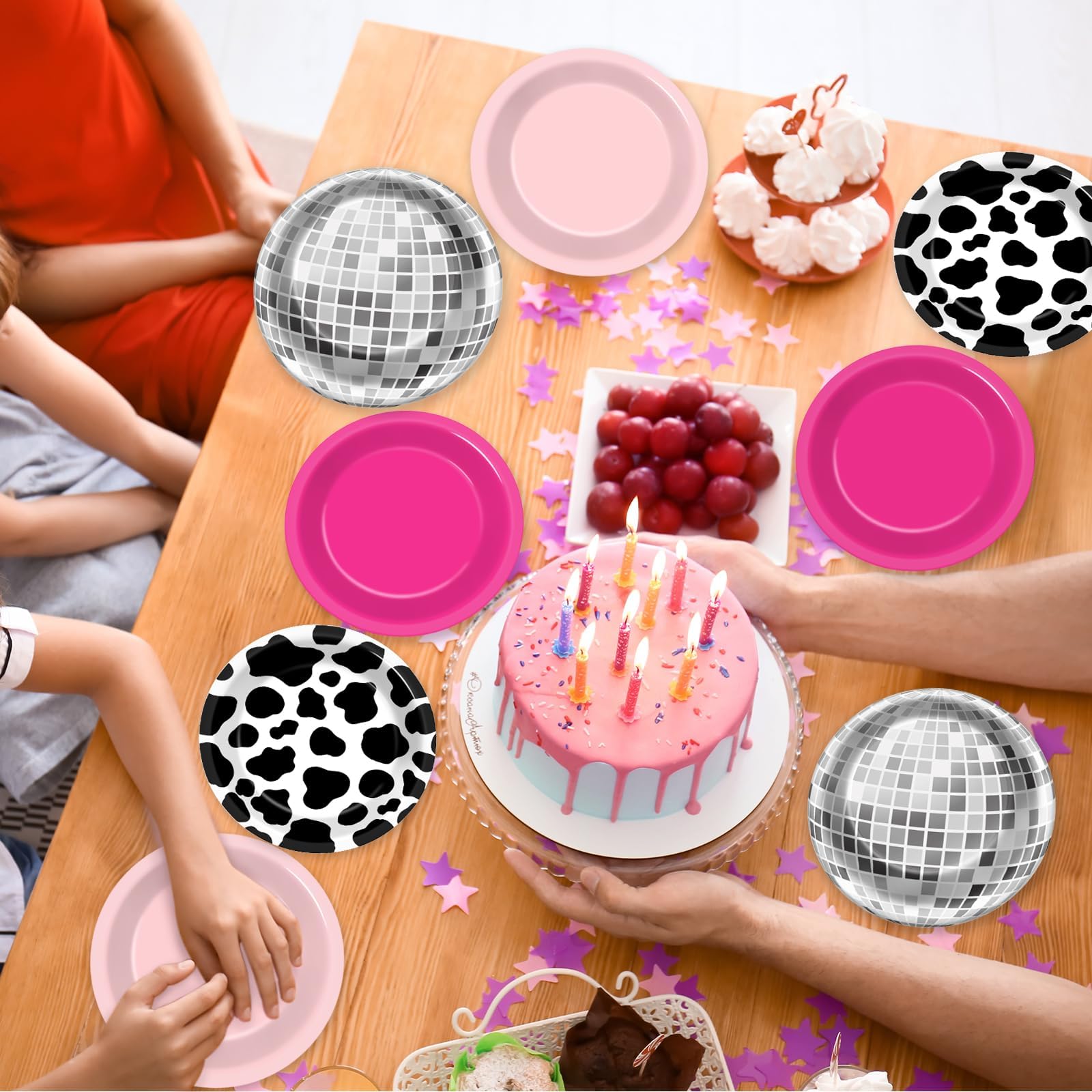 48Pcs Western Cowgirl Party Paper Plates For Cow Print Themed Party Supplies 7'' Hot Pink Disco Ball Disposable Dessert Plates F