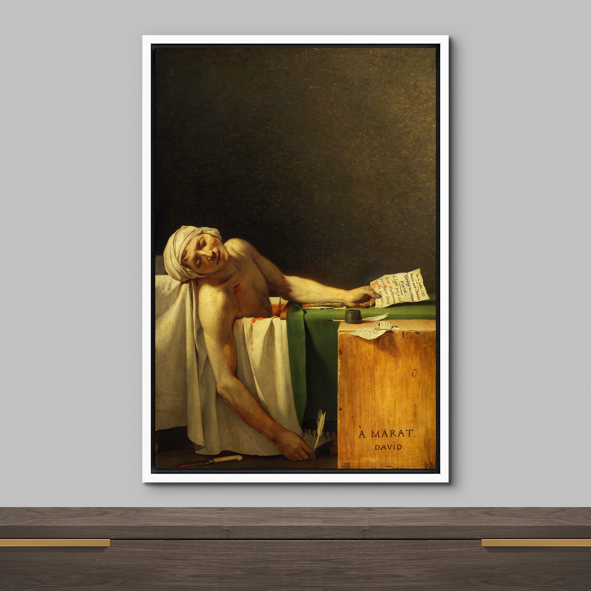 Wall26 - The Death Of Marat By Jacques-Louis David - Framed Canvas Print Wall Art Famous Painting Reproduction - 24''X36'' White