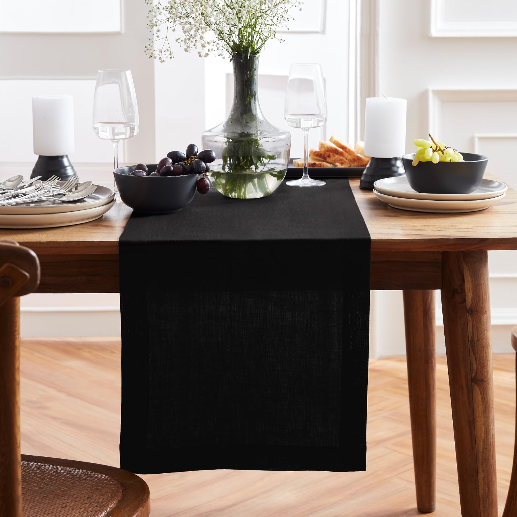 Solino Home Linen Black Table Runner 72 Inches Long - Sonoma, 100% Pure Linen Prewashed Dining Table Runner 14 X 72 Inch Ideal F