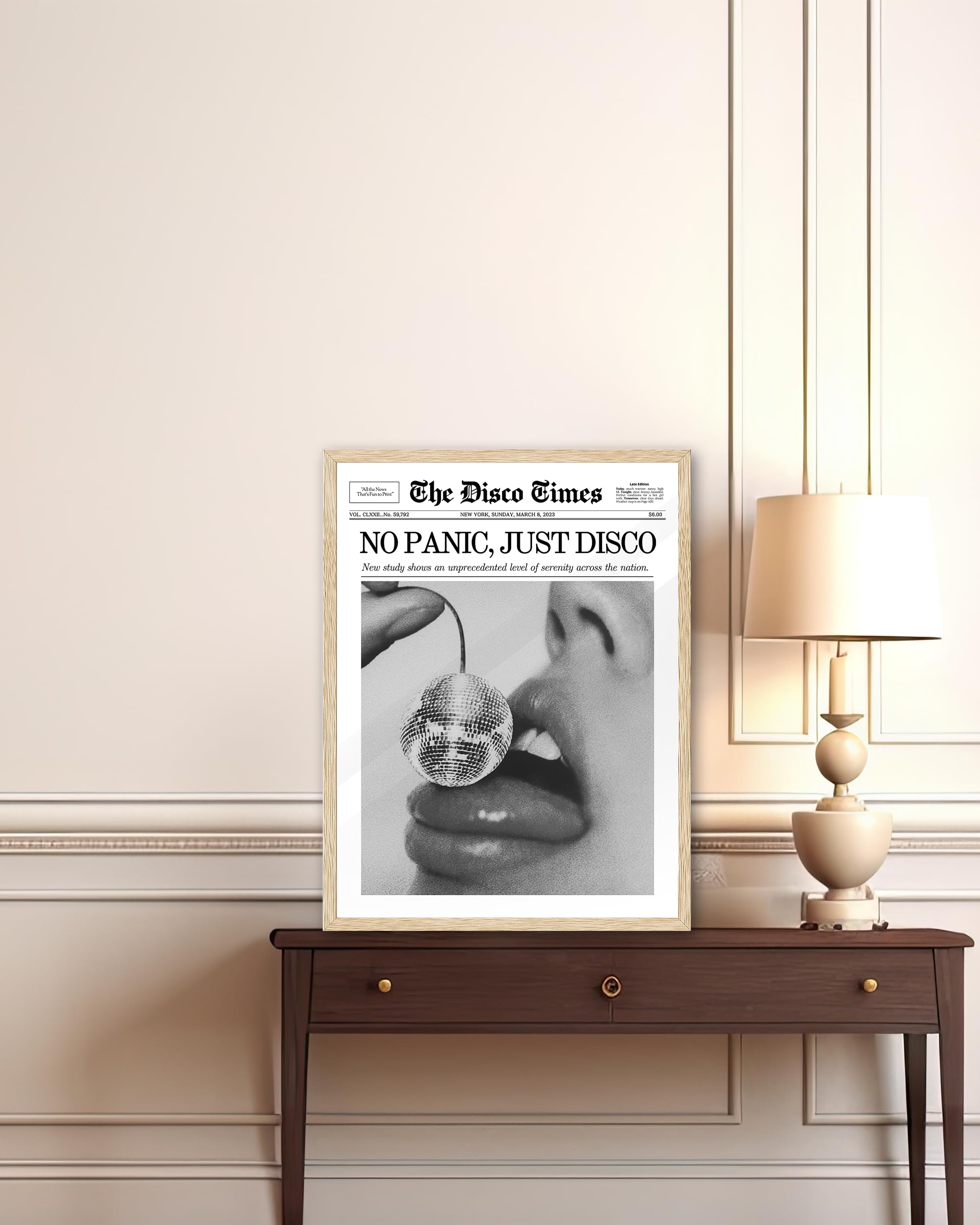 Ihery No Panic Just Disco Framed Trendy Newspaper Wall Art,Beige Oak Wood 12X16In Canvas Bedroom Wall Art, Cherry Disco Ball Hea