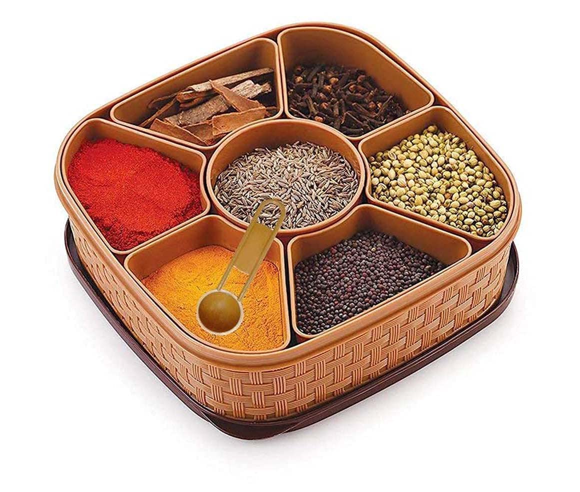 Xyno 7 Sections Woven Design Spice Masala Rangoli Box Dabba Storage Container Condiment Set (Multicolor)