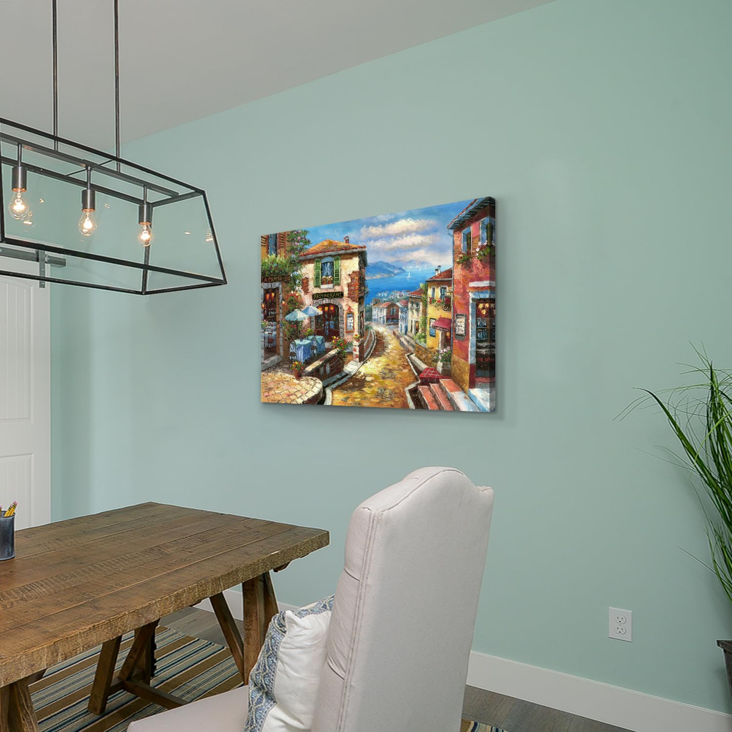 Utop-Art Coastal Cityscape Oil Painting Artwork: Italian Town Canvas Wall Art Mediterranean Style Street Painting For Living Roo