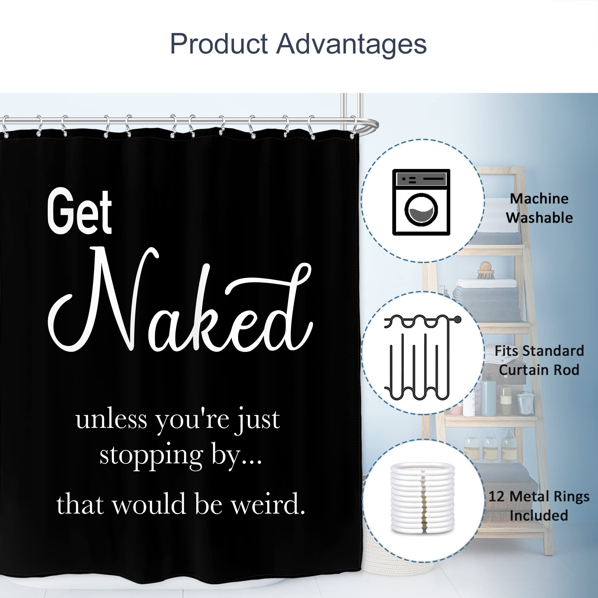 Ambzek Black Get Naked Shower Curtain For Men 72Wx72L Inch White Black Bathroom Accessories Inspirational Funny Quotes Shower Cu