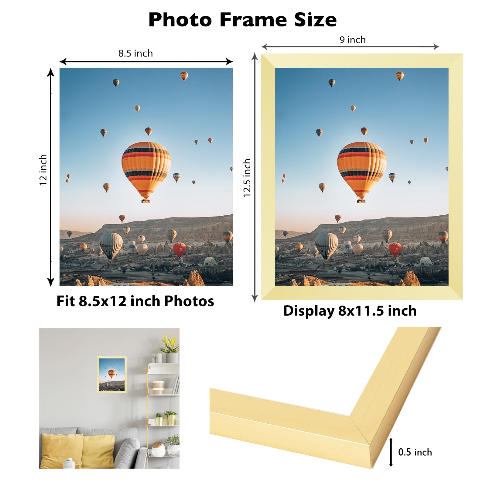 JCJMY 8.5x12 Picture Frame Gold for Wall Hanging or Tabletop, Wall Mounting Horizontally or Vertically, 8.5 x 12 Wall Gallery Po