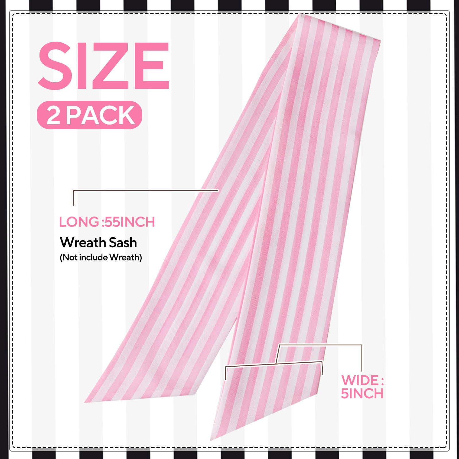 2 Pack Wreath Sash for Front Door Stripe Boxwood Sash Garland Porch Decor Wreath Accessories (Pink and White Stripe)
