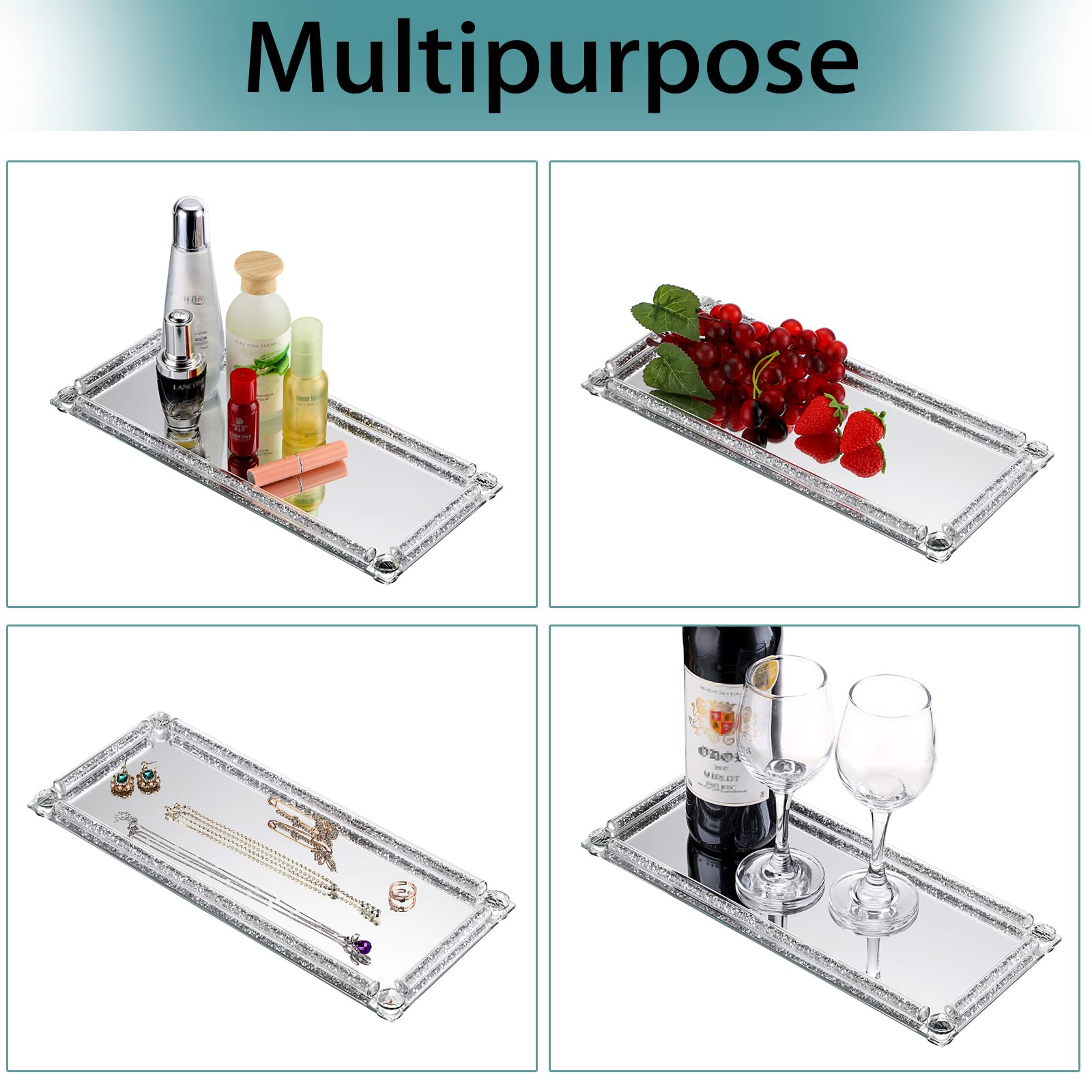 Juxyes Crushed Diamond Cosmetic Makeup Tray Sparkle Mirrored Vanity Tray, Heavy Decorative Jewelry Trinket Countertop Mirrored D