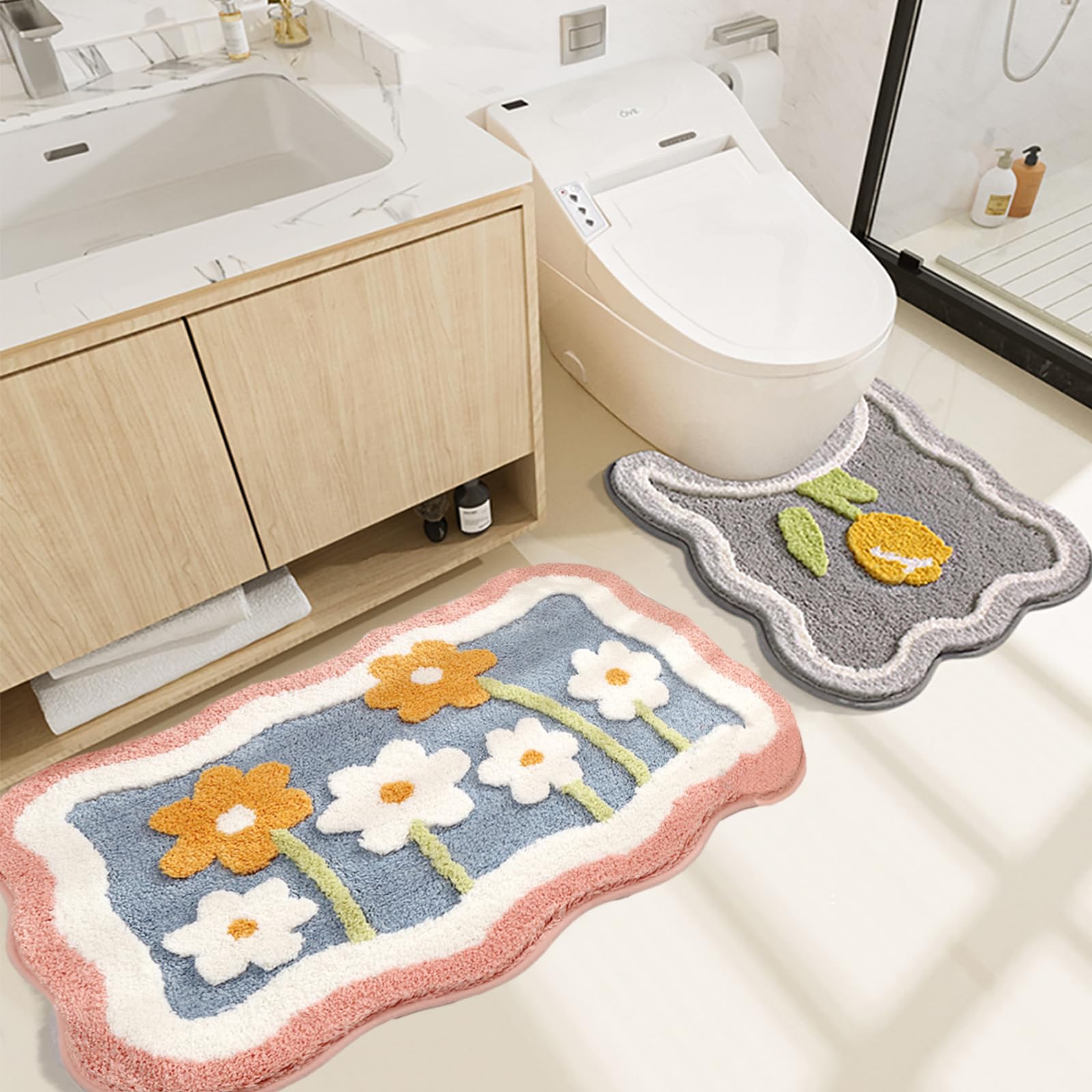 Bathroom Rug Set 2 Piece, Soft Pink Cute Bath Mat And U-Shaped Contour Toilet Rug, Absorbent Microfiber Plush Bath Rug Set, Non-