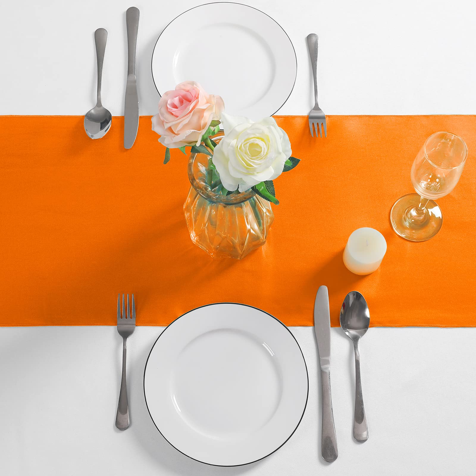 Manyshofu 12Pcs Satin Orange Table Runner - 12 x 72 Inch Long Size  Party Table Runner Decor Bright & Smooth Wedding Decorations Table Runner for Banquet Chef Birthday Buffet Dinner Graduations