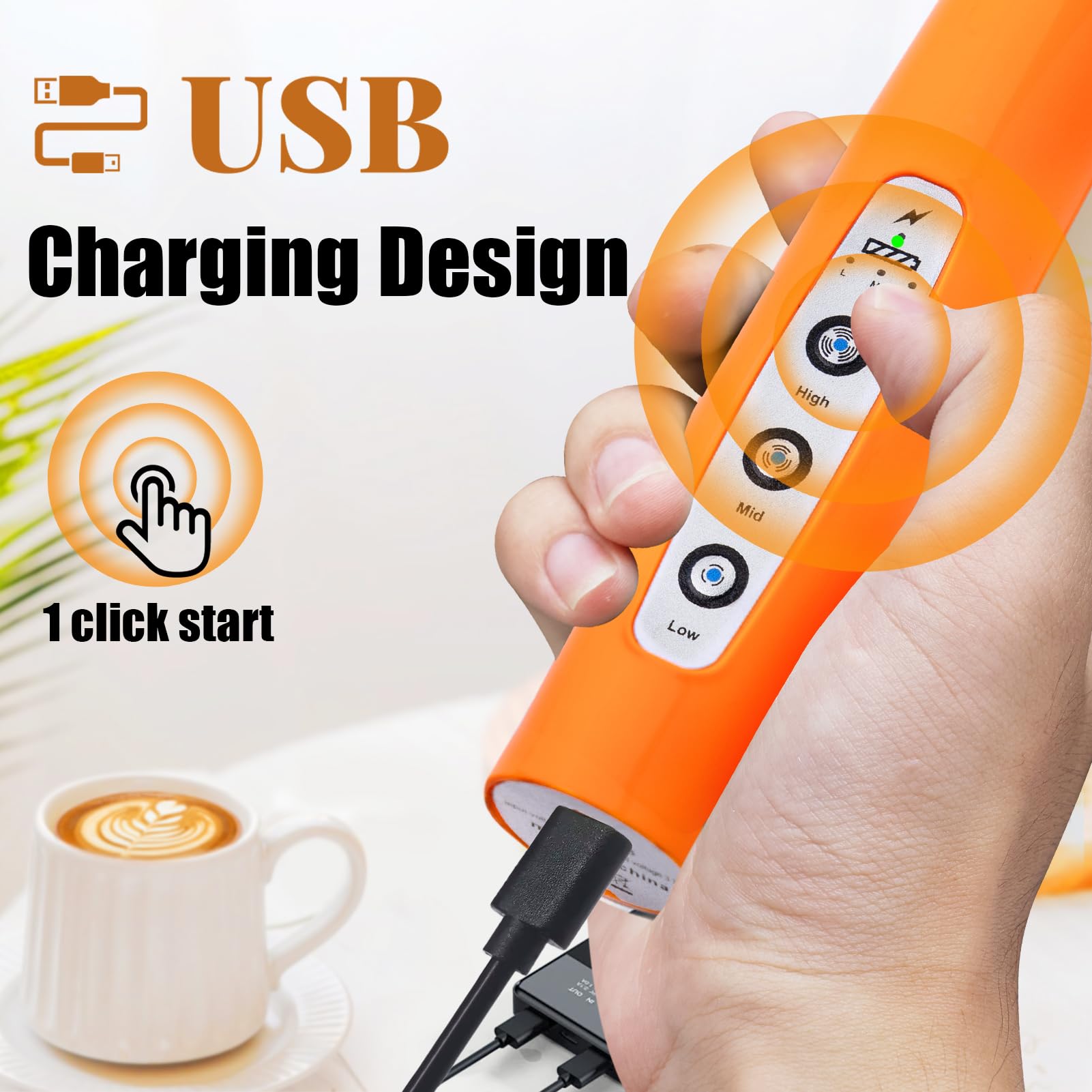 Nahida Orange Milk Frother Wand For Coffee, Frother Handheld Rechargeable Electric Whisk With 3 Heads 3 Speeds Drink Mixer Coffe