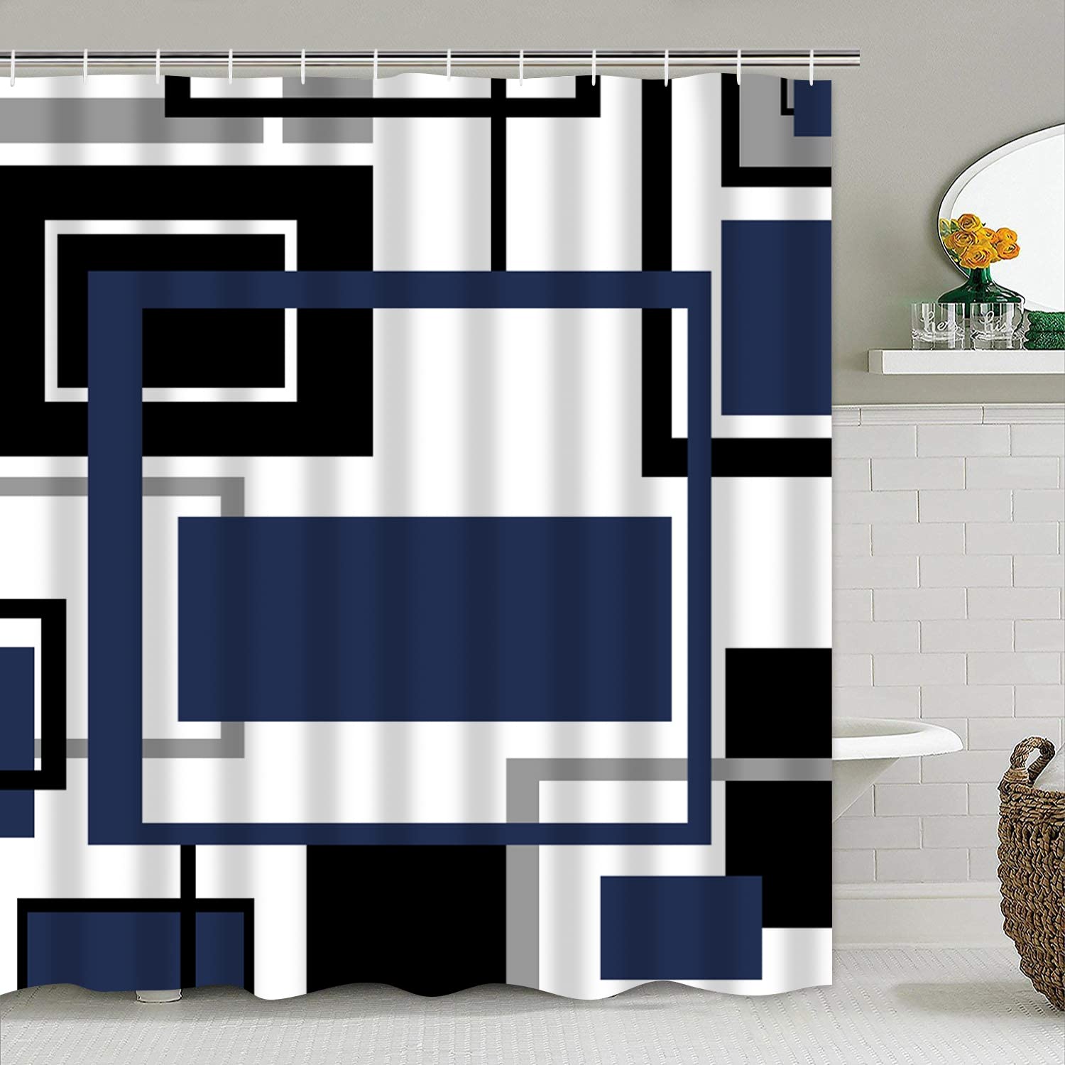 Yddsky 4 Pcs Blue Geometric Shower Curtain Sets With 12 Hooks Non-Slip Rugs U-Shaped Bath Mat, Toilet Cover, Abstract Geometric