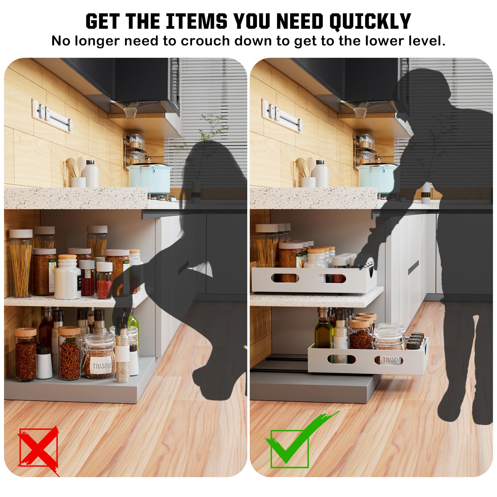 Caktraie Pull Out Cabinet Organizer Fixed With Adhesive, Slide Out Drawer Storage Shelves - 10.8'' W X 15.15'' D Heavy Duty Pull