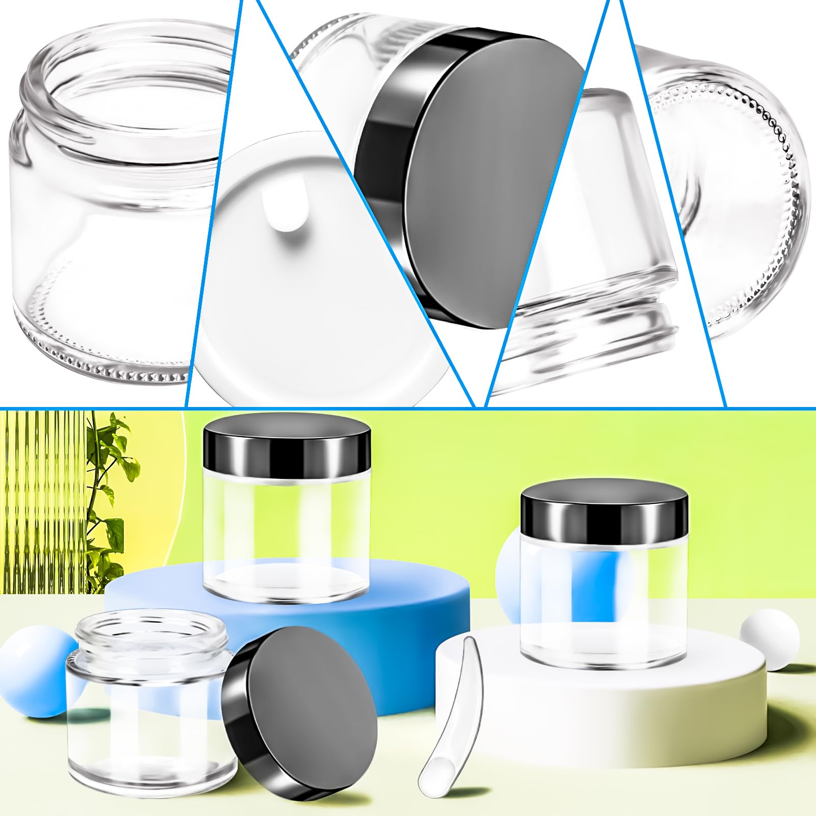 Motbach 4 Pack 2 Oz Glass Jars With Lids 60Ml Mini Round Clear Glass Jars With Inner Liners And Spatulas, Travel Size Containers