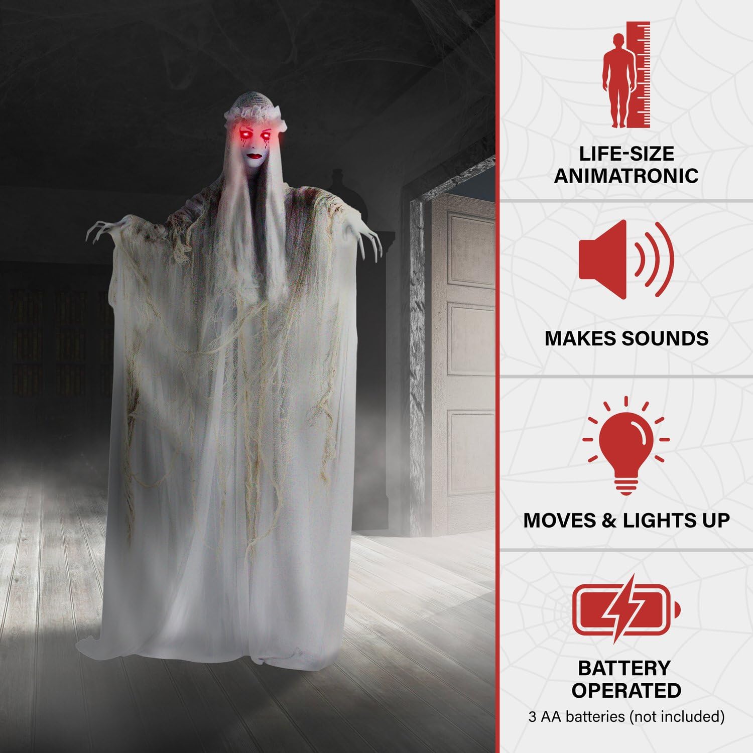 Haunted Hill Farm Life-Size 5.7-Ft Scary Ghost Bride, Halloween Animatronic with Touch Activated Lights and Sound, Battery Opera