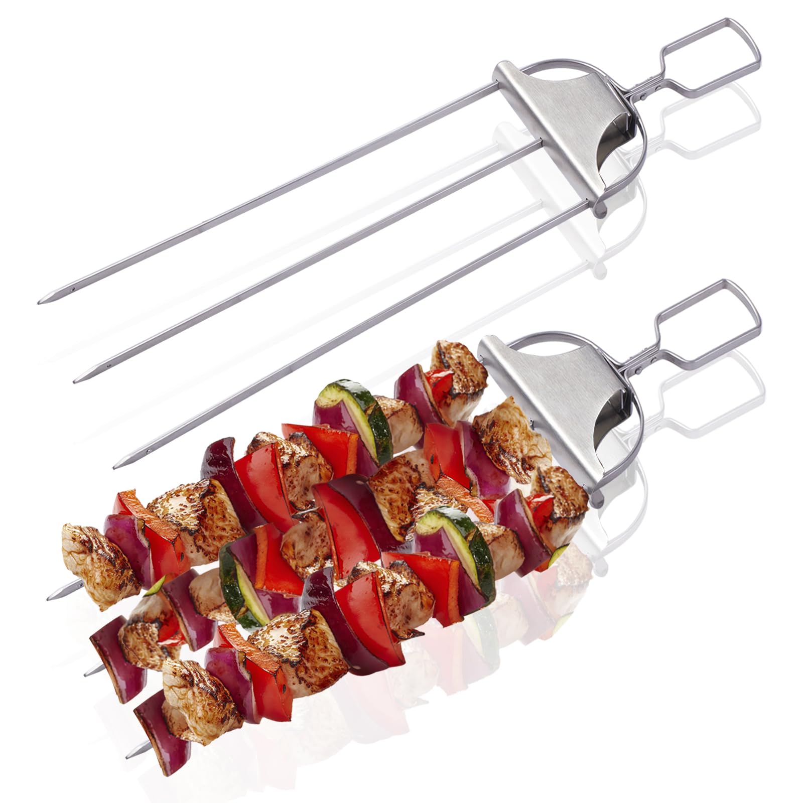 Skewers For Kabobs Set Of 2, 14 Inch 3-Prongs Metal Kabob Skewers Stainless Steel Flat Skewers With Slider For Grilling Meat, Ve