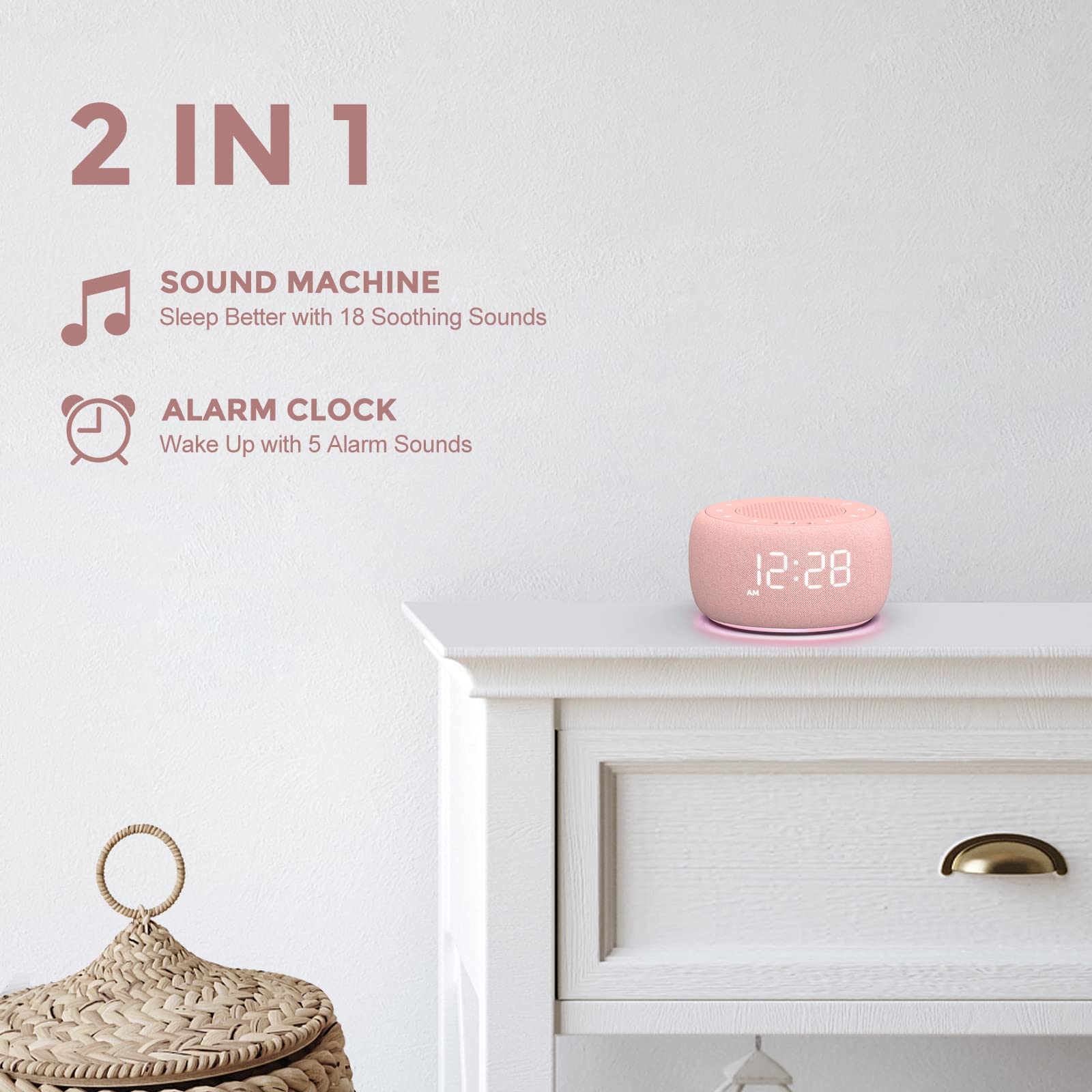 BUFFBEE Sound Machine & Alarm Clock - 2-in-1, 30-Level Volume Control, Sleep Timer, Pink, Model BK11P