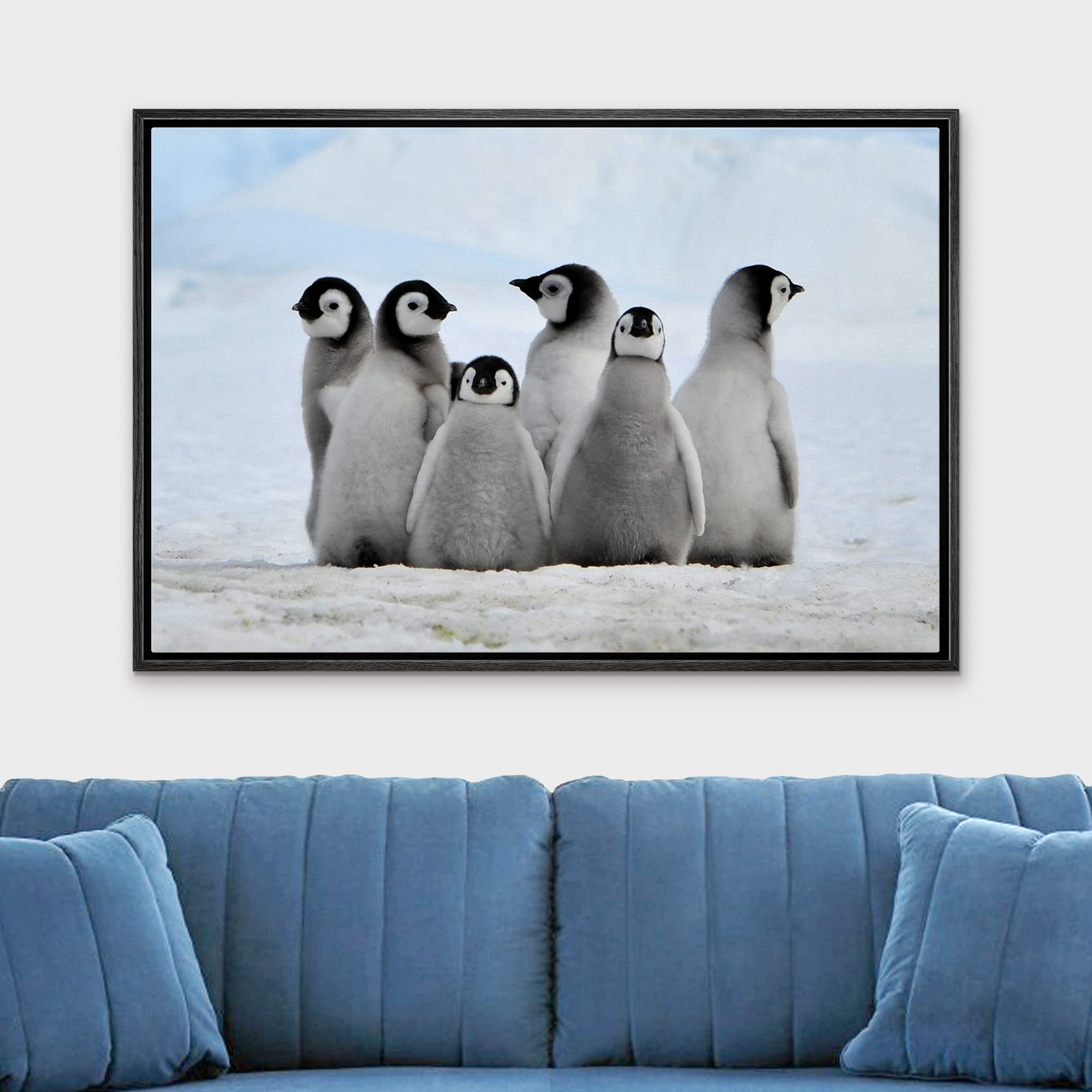 Wall26 - Framed Canvas Wall Art - Little Penguins - Giclee Print Gallery Wrap Modern Home Art Ready To Hang - 16''X24'' Black