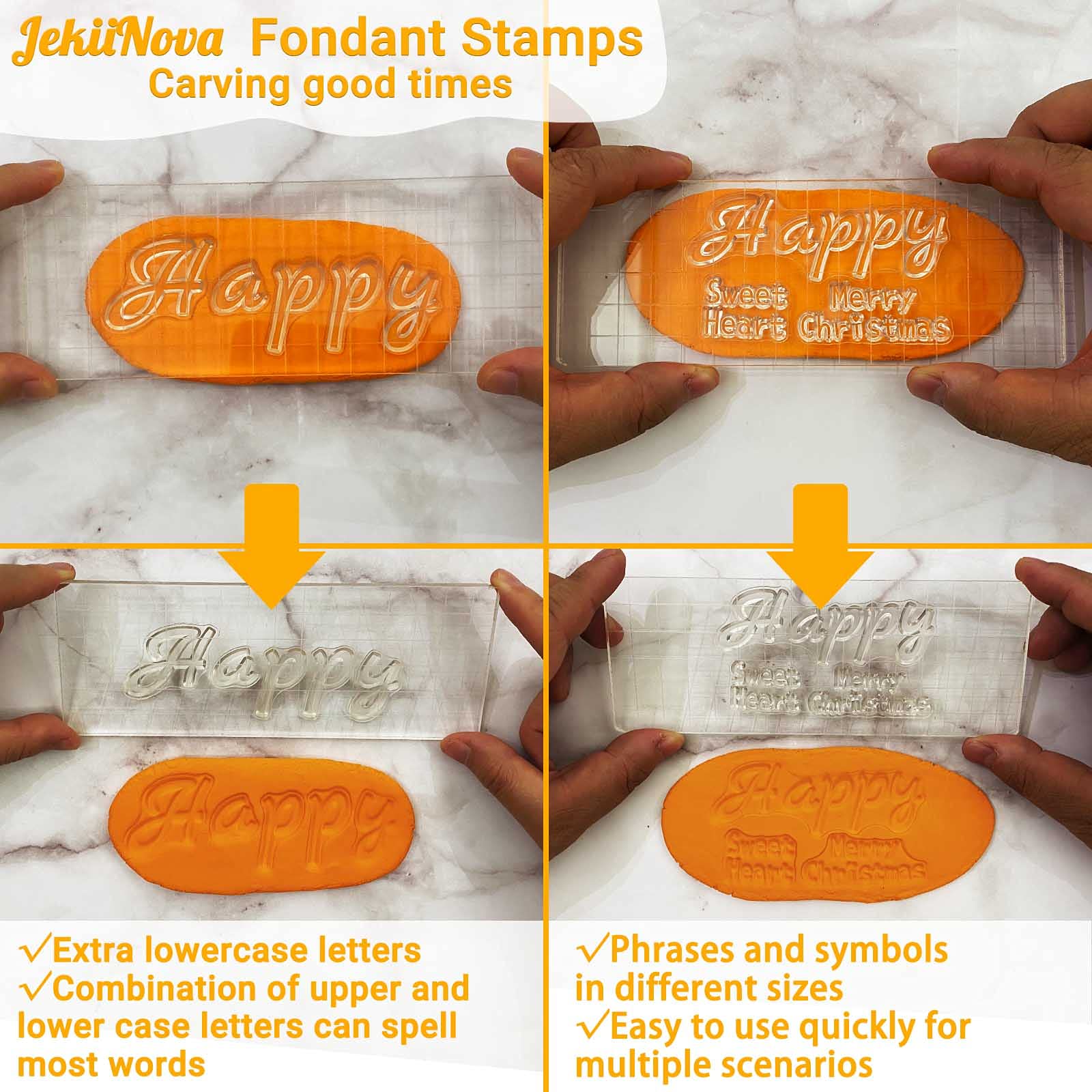 4 PCS Alphabet Letter Fondant Stamps for Biscuit Cake Cookie  Upgraded Food Grade Alphabet Cake Stamp Tool Uppercase Extra Spare Lowercase Numbers Phrases for Christmas Party Reusable Cookie Stamp