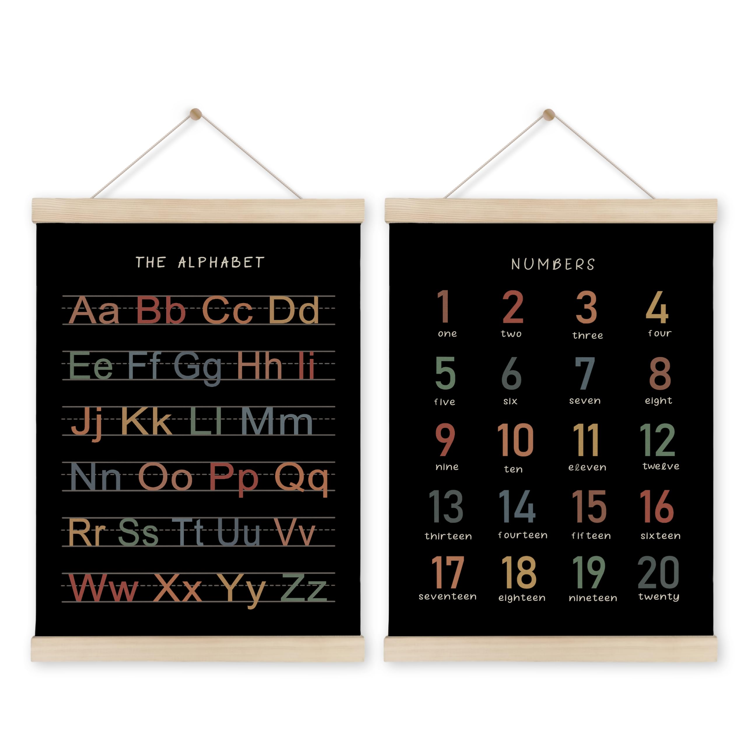 Hrqko Alphabet Numbers Poster Hanger Frame Set Of 2, Black Nursery Wall Decor, Abc Poster Wall Art With Wooden Frames, Boho Alph