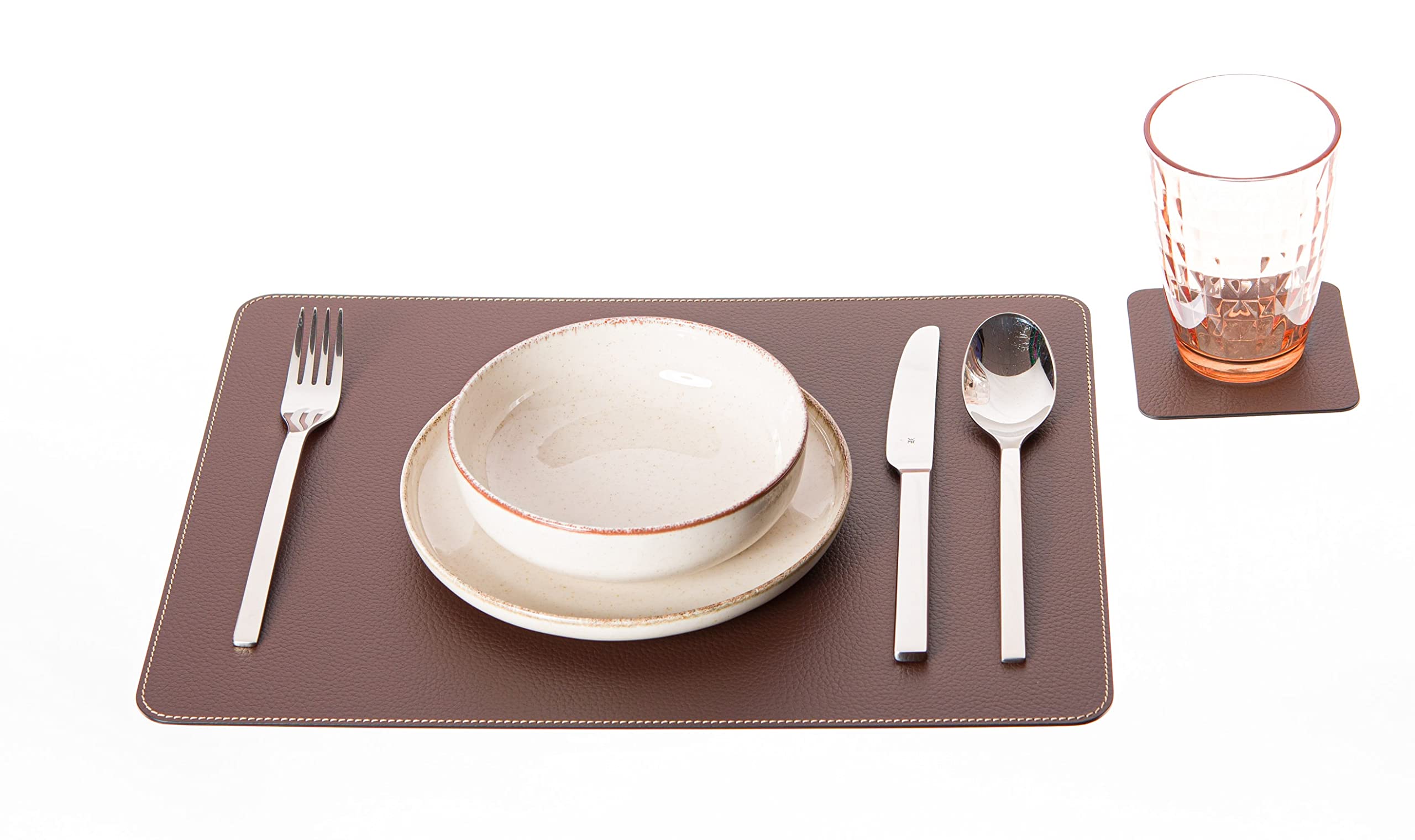 Nikalaz Set Of Small Brown Placemats And Coasters, 4 Table Mats And 4 Coasters, Recycled Leather, Place Mats 15.75'' X 11.8'' An