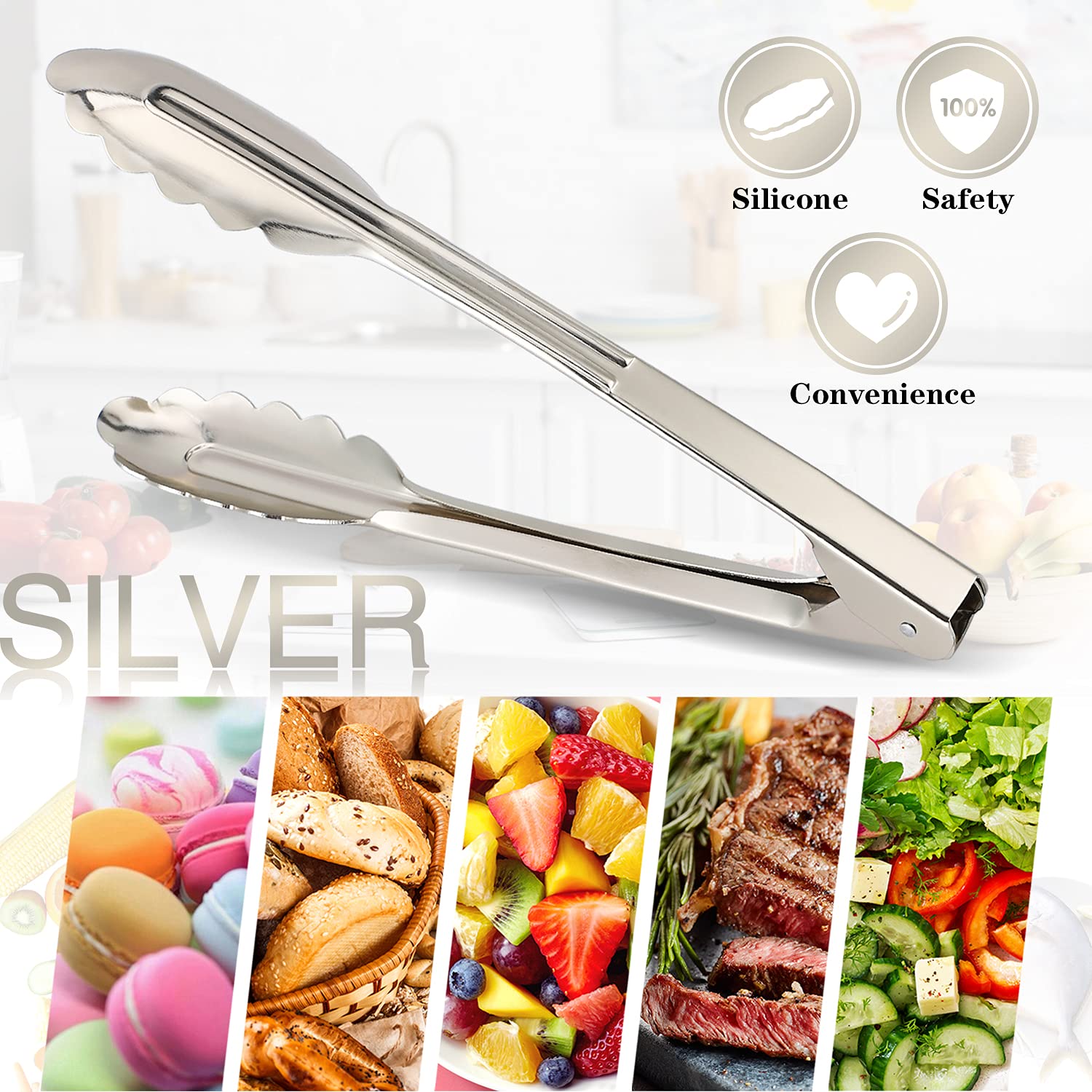 Msy Bigsunny 9 Inch Food Tongs For Cooking And Serving- Aluminum Kitchen Utensil - Set Of 3 (Silver)