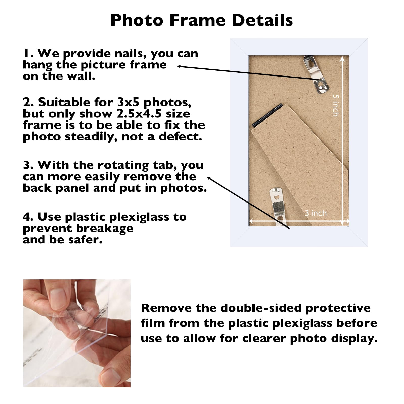 JCJMY 3x5 Picture Frame White for Tabletop, 3 x 5 Photo Frame with Shatter Resistant Plexiglass, Sturdy 3 by 5 Poster Frame, Whi