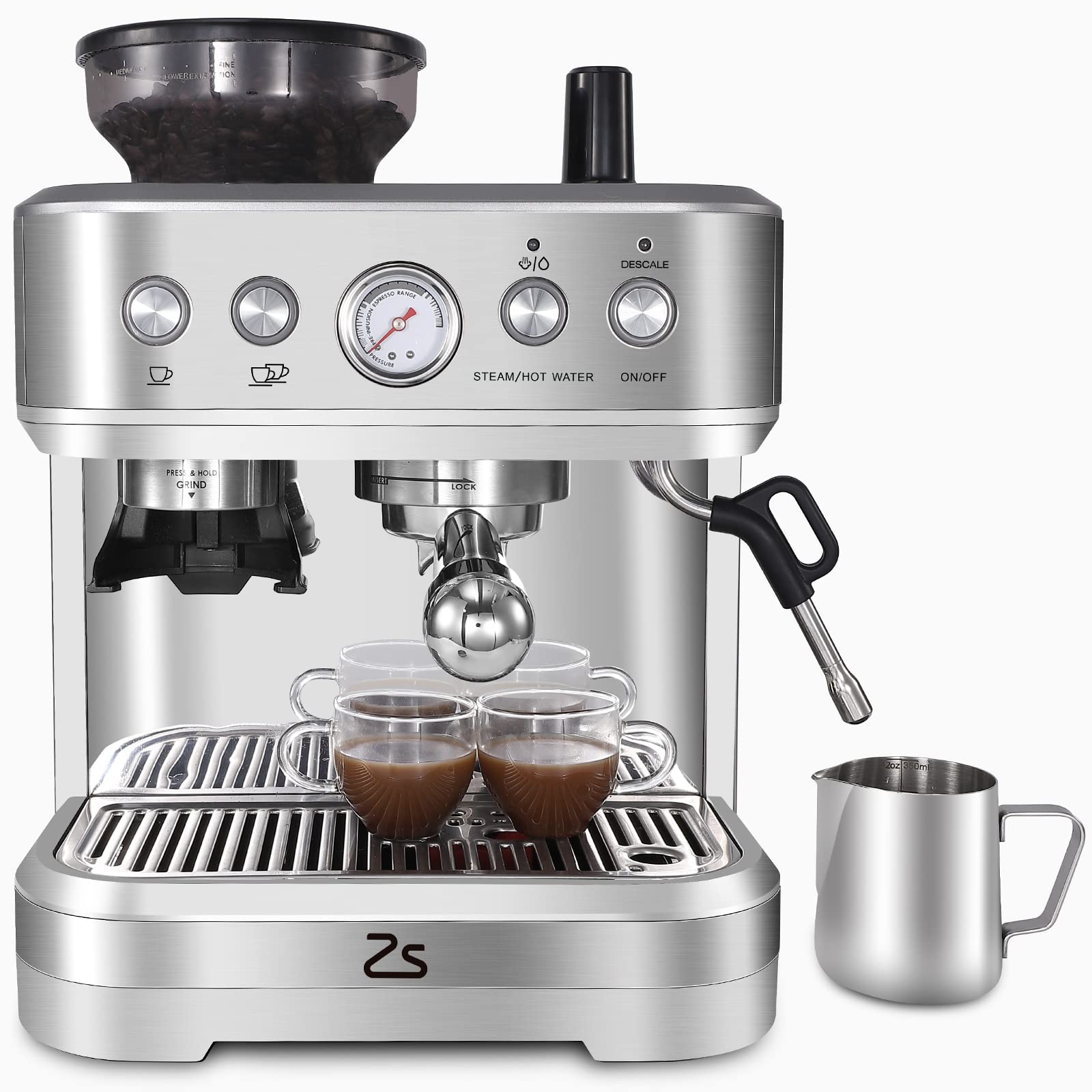 Zstar Espresso Machine with Milk Frother, 15 Bar Professional Coffee Maker with Grinder, Italian ULKA Pump, 2.5L Removable Water