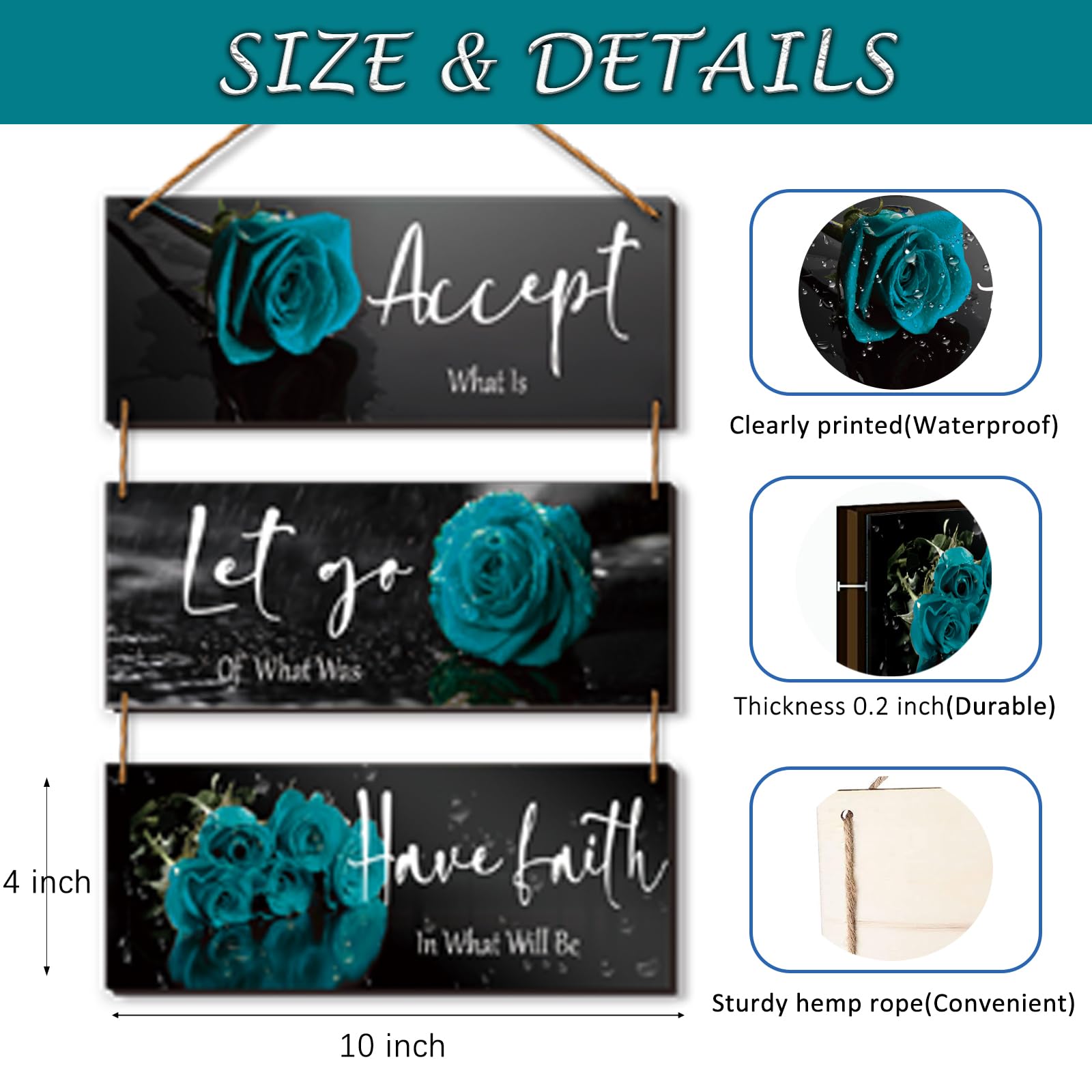 3 Pcs Wooden Teal Flower Wall Art - Teal Rose Wall Decor With Inspirational Quotes - For Women, Office, Living Room, Bedroom (10