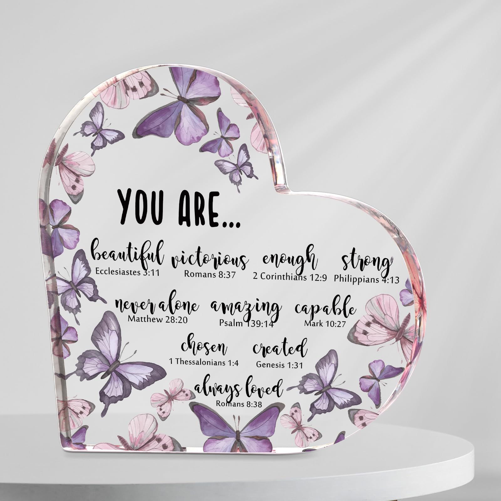 Lineshading Christmas Christian Gifts for Women Purple Butterfly Christian Desk Decor Inspirational Acrylic Heart Plaques Religi