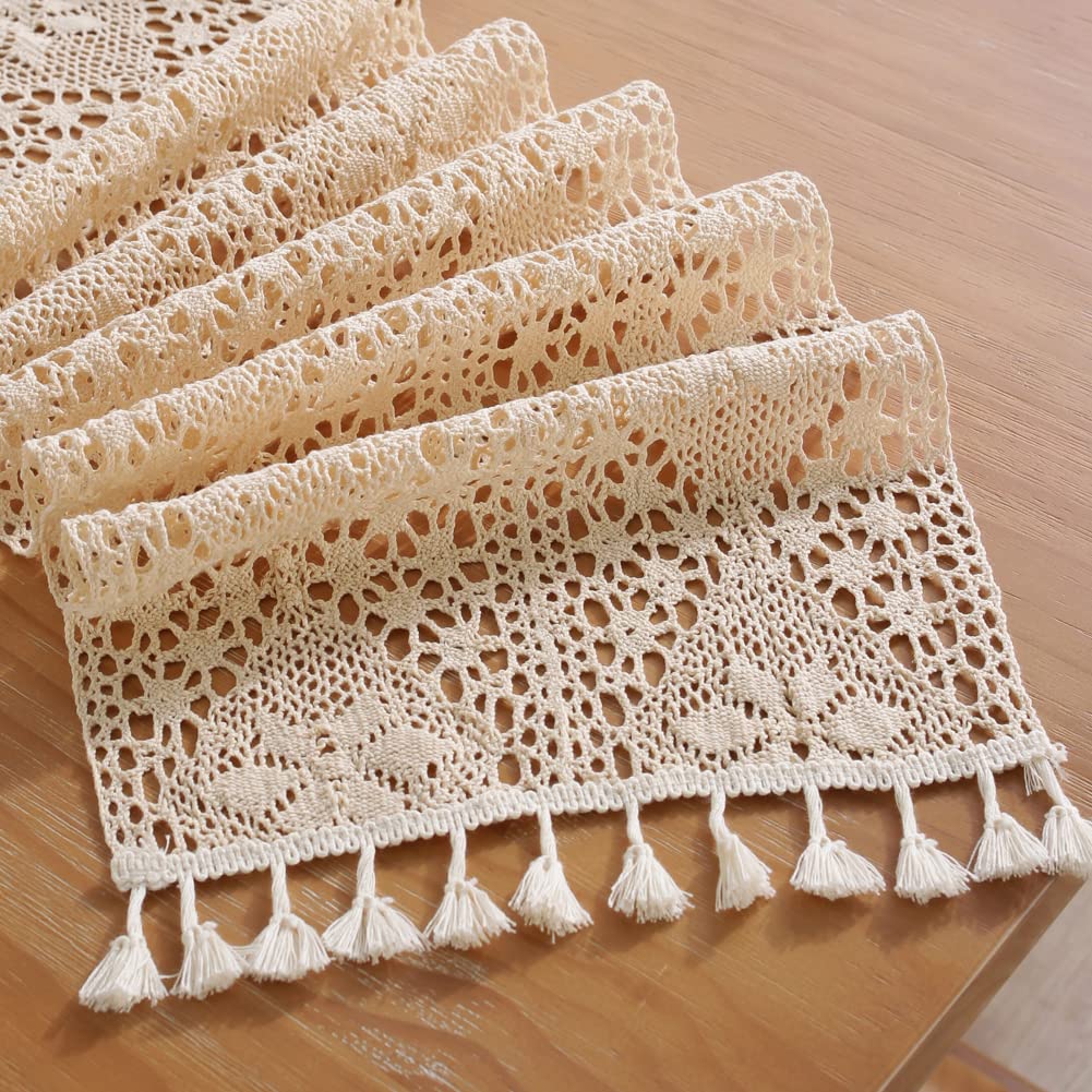 Meioro Crochet Lace Table Runner, 12X72 Inch Boho Cotton Table Runners With Tassels, Rustic Farmhouse Table Decoration 72 Inches