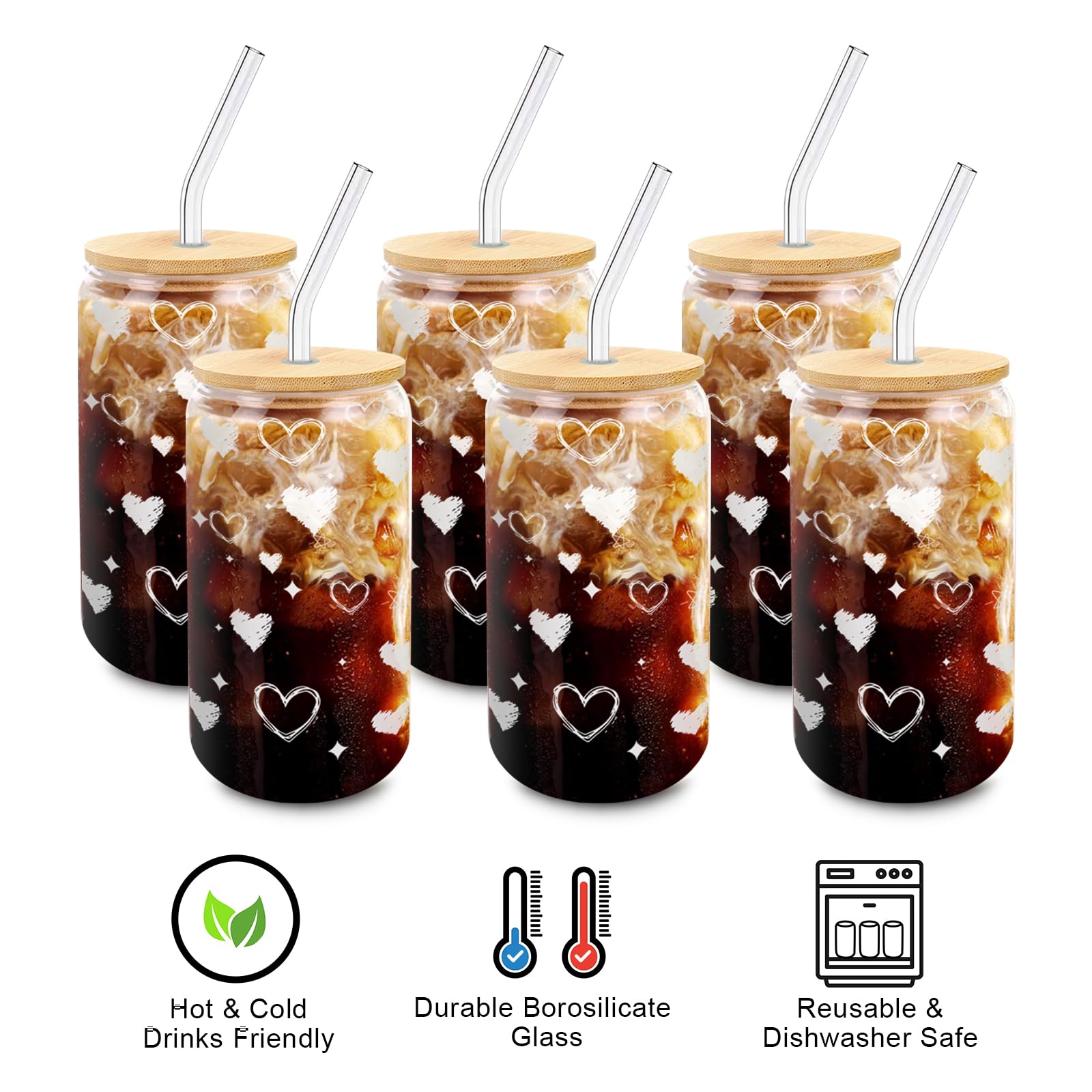 DAMCONME Glass Cups with Lids and Straws - 16oz Iced Coffee Tumblers, Heart Glass Cup Set of 6 for Cold Drinks, Brunch, Girls Ni
