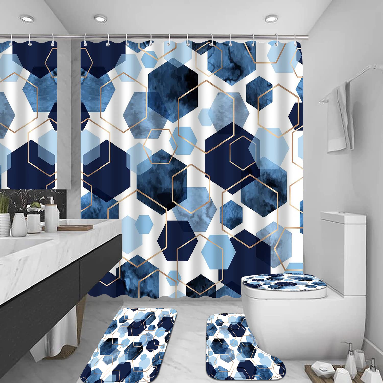 Lqcool 4Pcs Sky Blue Geometric Shower Curtain Set With Navy Blue Abstract Art, 12 Hooks, Bath Mat And Rugs