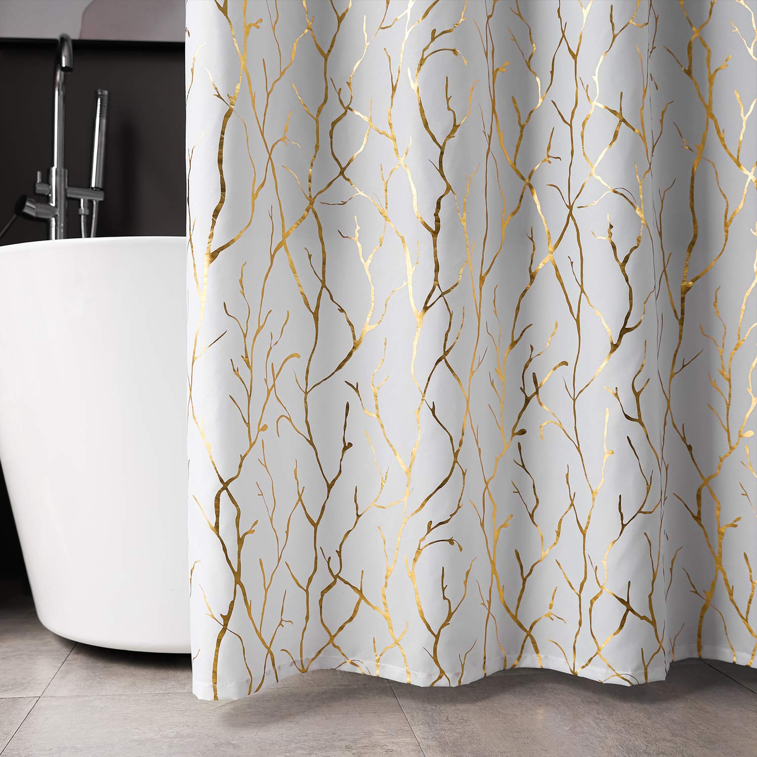 Finecity White Shower Curtain With Gold Branch Pattern 12 Hooks Included, 72 X 72 Inch, 1 Panel