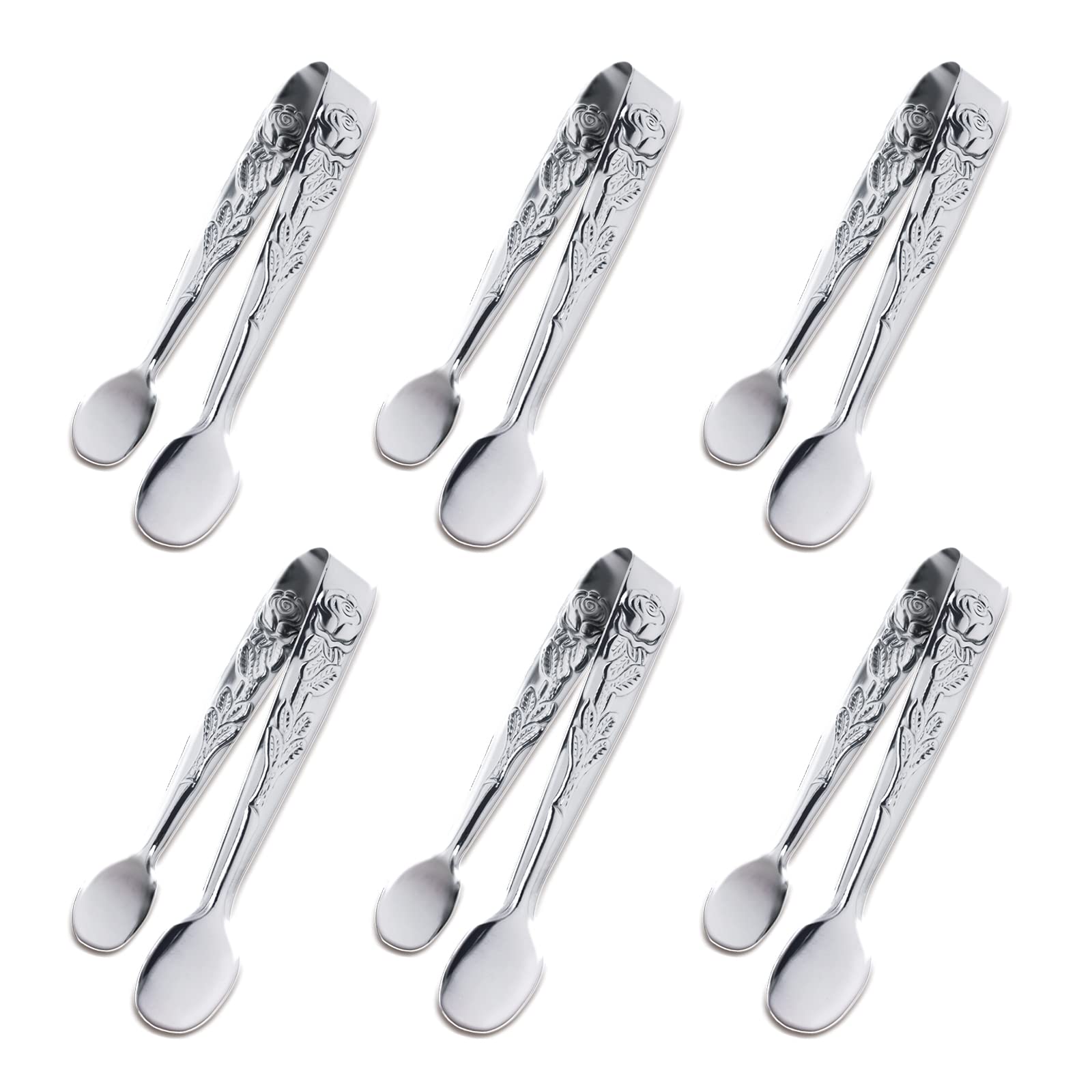 6Pcs Mini Serving Tongs, 4Inch Rose Stainless Steel Sugar Cube Tongs, Sliver Small Ice Tongs For Tea And Coffee Party, Appetizer