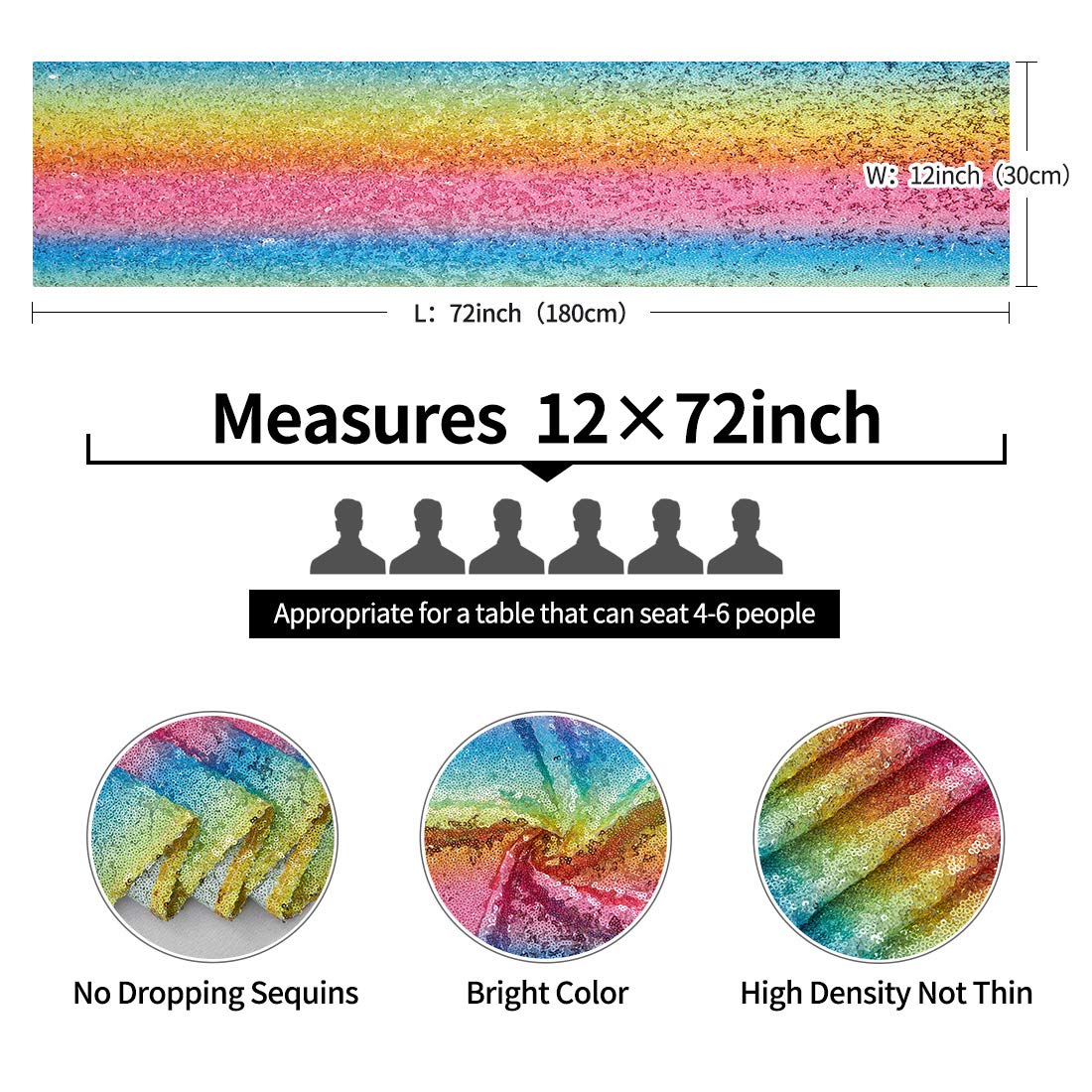 6 Packs 12 X 72 Inches Rainbow Sequin Table Runner, Glitter Runner For Birthday Party Supplies Decorations Wedding Bachelorette