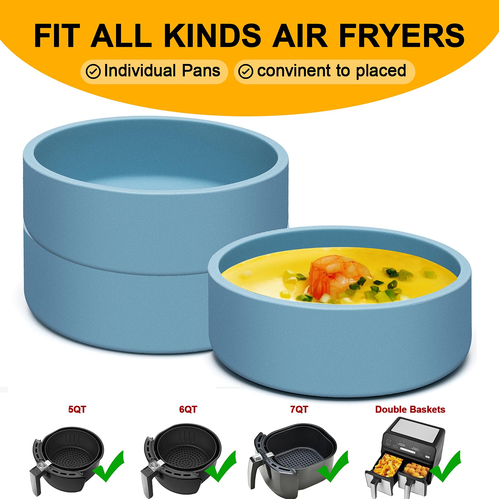Dootafy Silicone Air Fryer Egg Pan & Mold - 3 Pack, Round, Blue, Model BG-013, Reusable Egg Bite Maker for Oven & Microwave