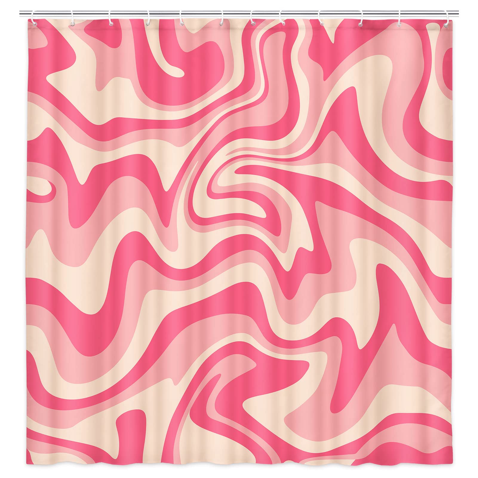Dongbei Pink Shower Curtain, Aesthetic 70S 80S Abstract Wavy Swirl Cute Beige Boho Shower Curtain, Retro Minimal Bathroom Access