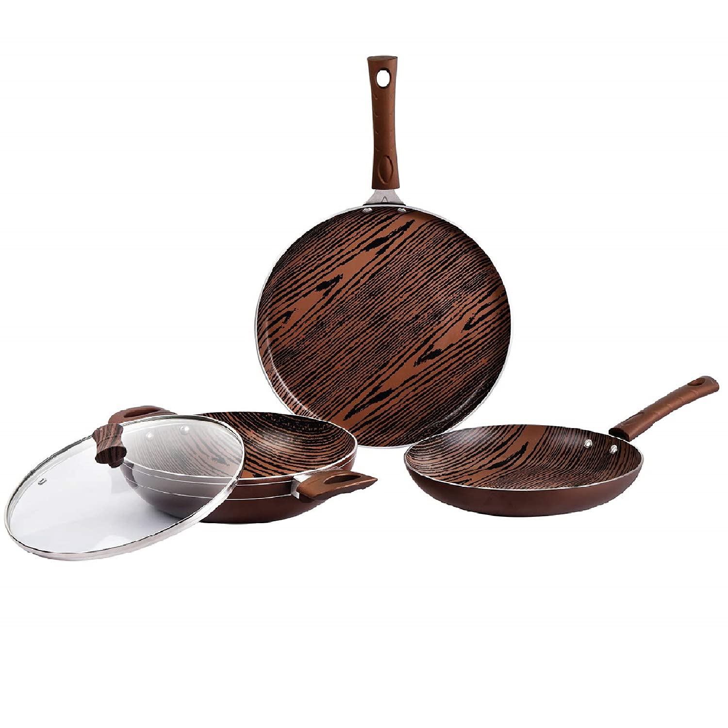 Cello Prima 3-Piece Non-Stick Aluminium Cookware Set, Woody (28 Cm Dosa Tawa, 22 Cm Kadai With Glass Lid, 22 Cm Fry Pan) | Induc