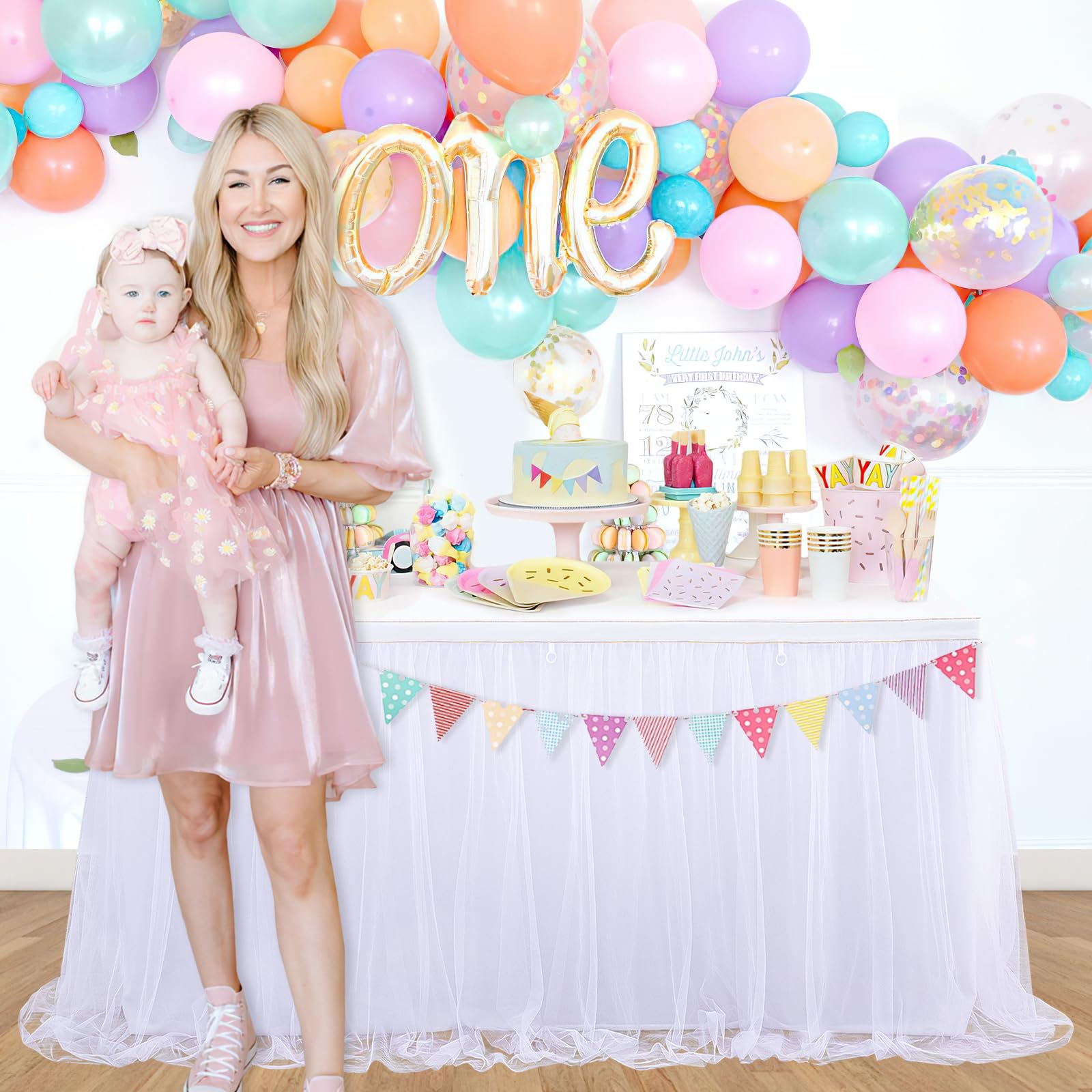 White Tulle Table Skirt For Rectangle Tables 6Ft Table Skirting 2 Layer Birthday Party Tutu Table Cloth For Baby Shower Party Su