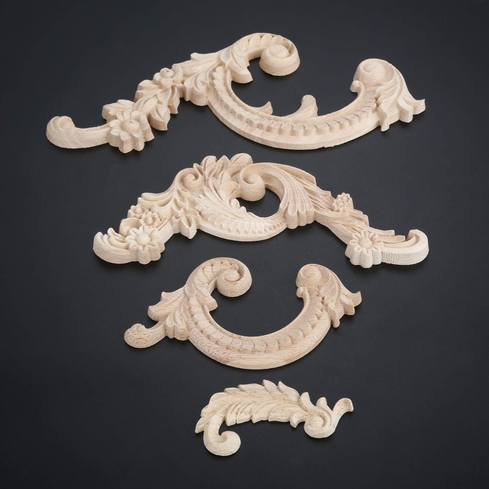 Wood Carved Appliques Wooden Onlays  2 Pairs Unpainted Decorative Carving Furniture Decals Frame Decor for Door Wall Cabinet Dresser Fireplace Ceiling Bed Home DIY Project  14x8cm/5.51''x3.15''