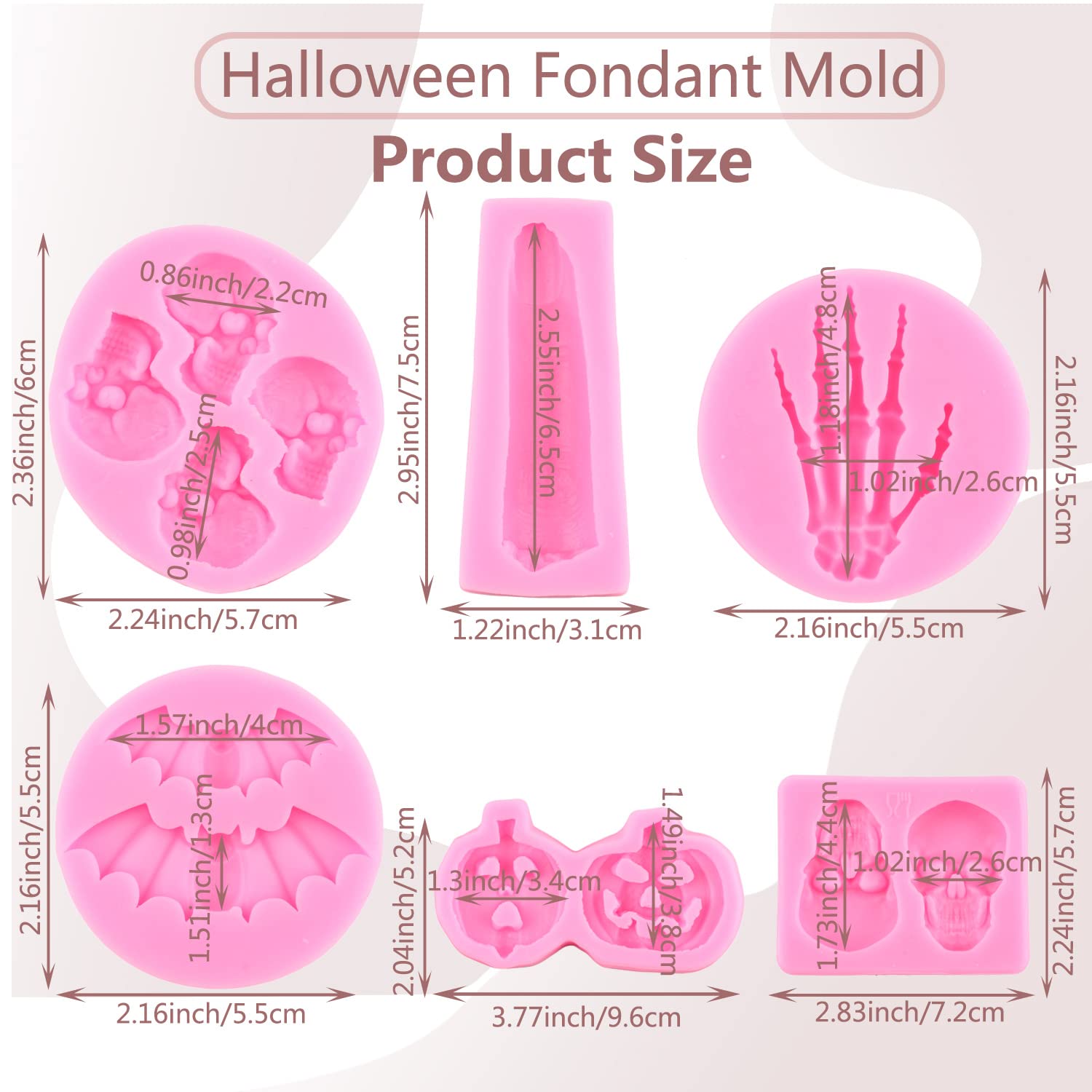 Miyahouse Halloween Silicone Molds Skeleton Hands Skull Fondant Mold Bat Pumpkin Finger Molds For Halloween Cake Decorating Cupc
