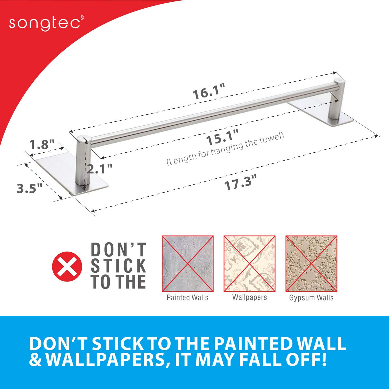 Songtec Bathroom Towel Bar 16-inch  No Drill Stick On Towel Rack  Easy Install with Self-Adhesive  Premium SUS304 Stainless Steel - Brushed Nickle